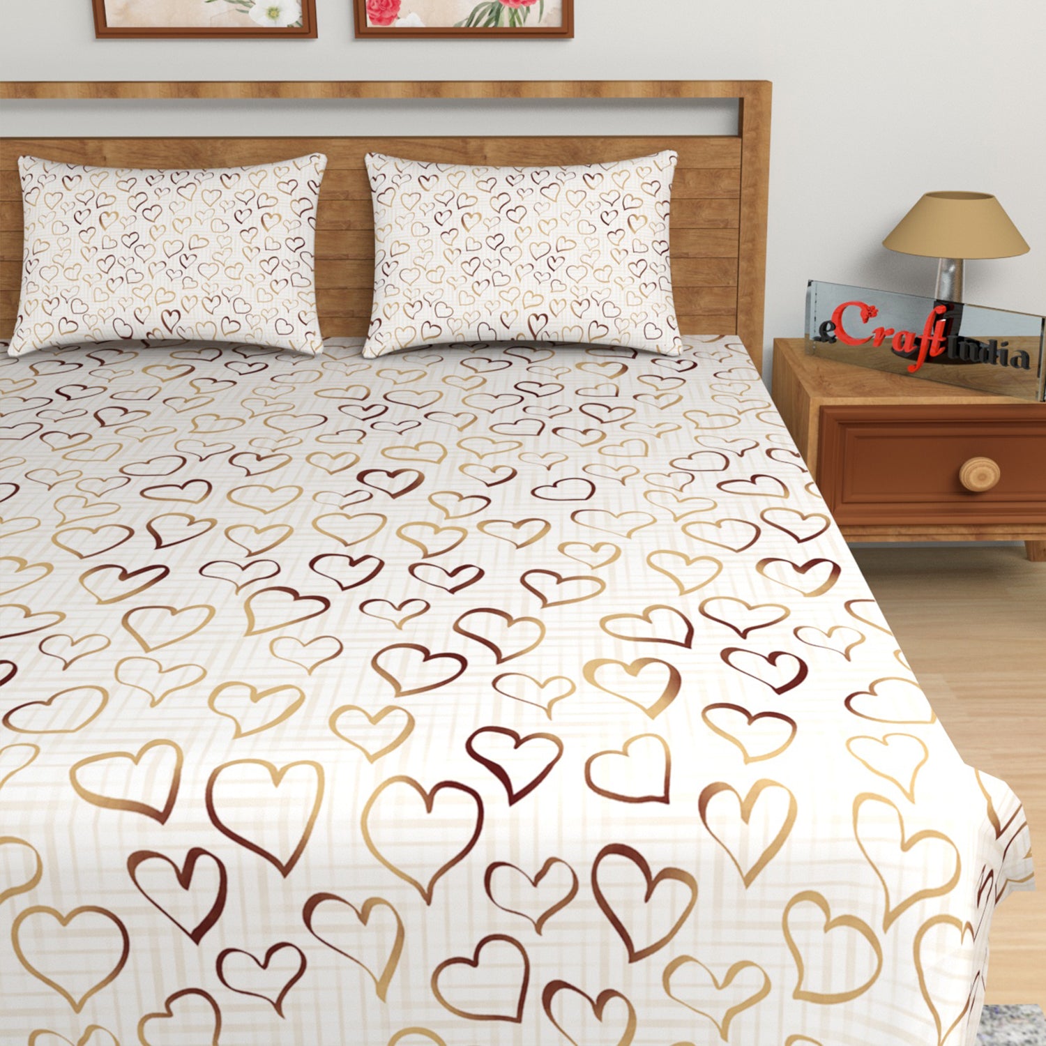 Golden and Brown Hearts Print 180 TC Cotton Double Bedsheet (108" x 108") with 2 pillow cover 3