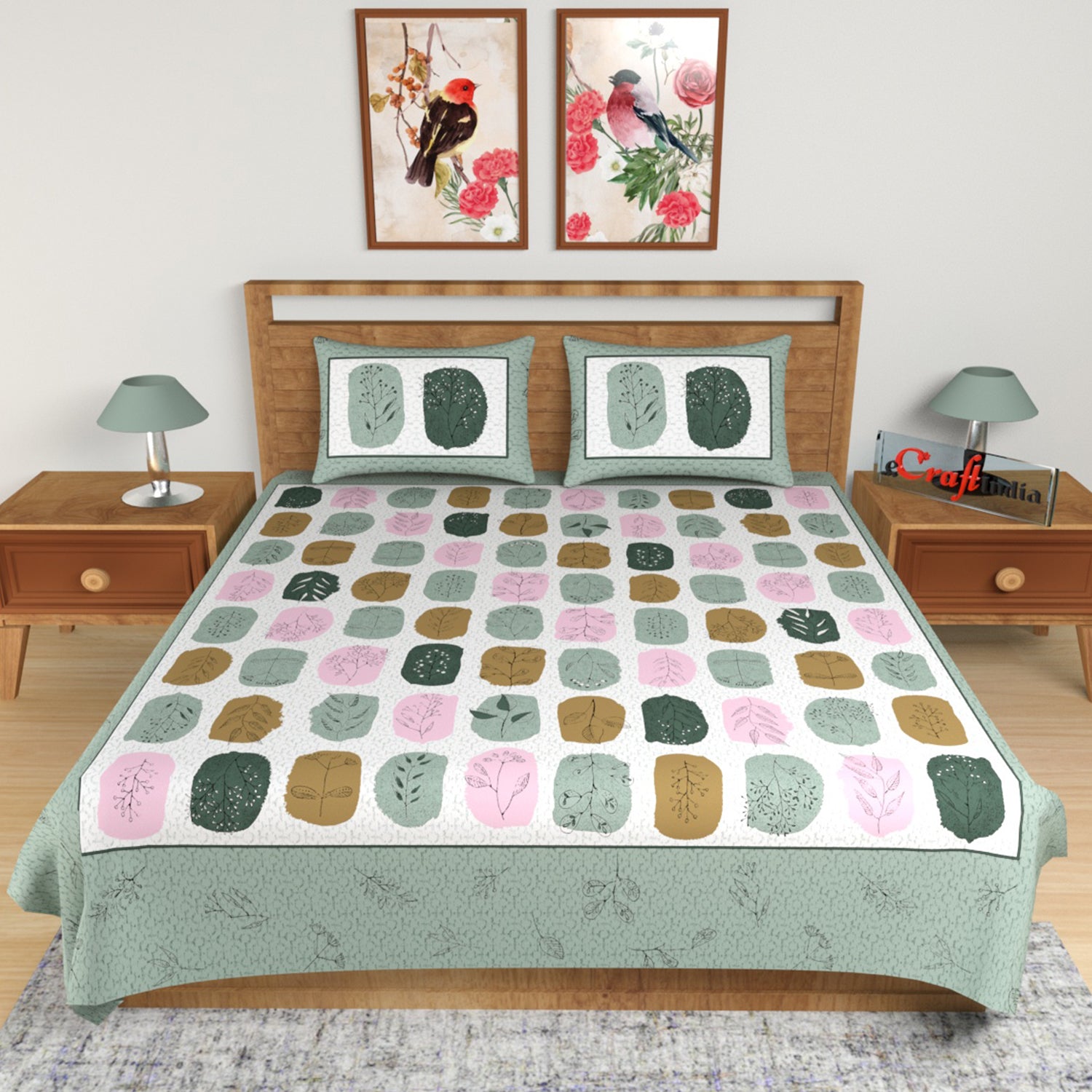 Green Floral Print 180 TC Cotton Double Bedsheet (108" x 108") with 2 pillow cover 1