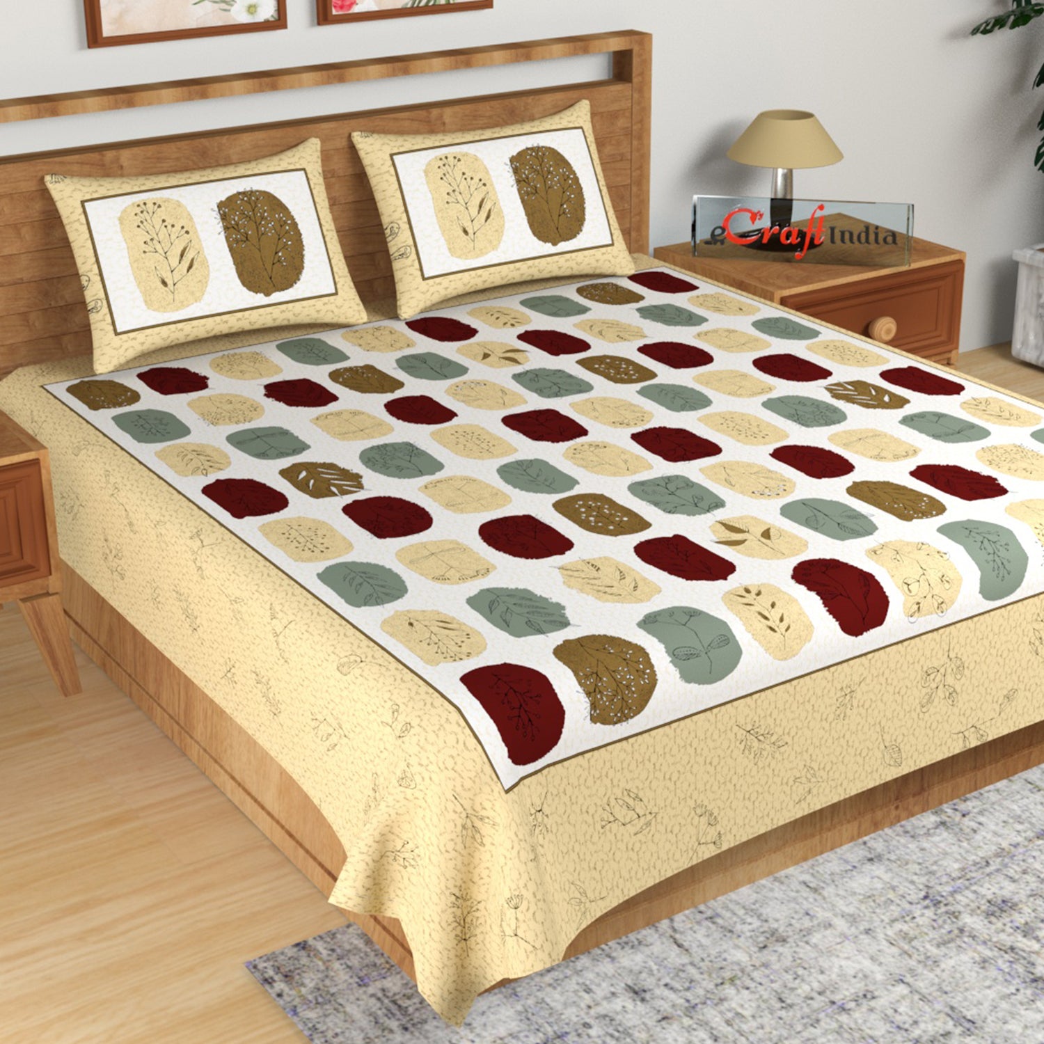 Yellow and Brown Floral Print 180 TC Cotton Double Bedsheet (108" x 108") with 2 pillow cover