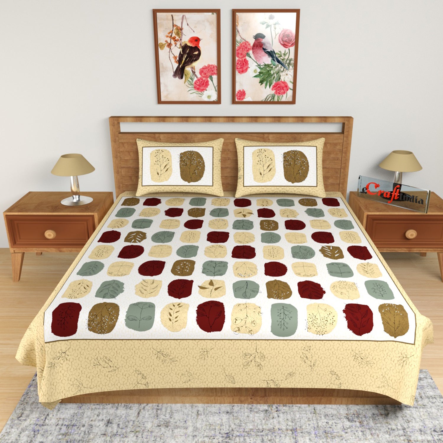 Yellow and Brown Floral Print 180 TC Cotton Double Bedsheet (108" x 108") with 2 pillow cover 1