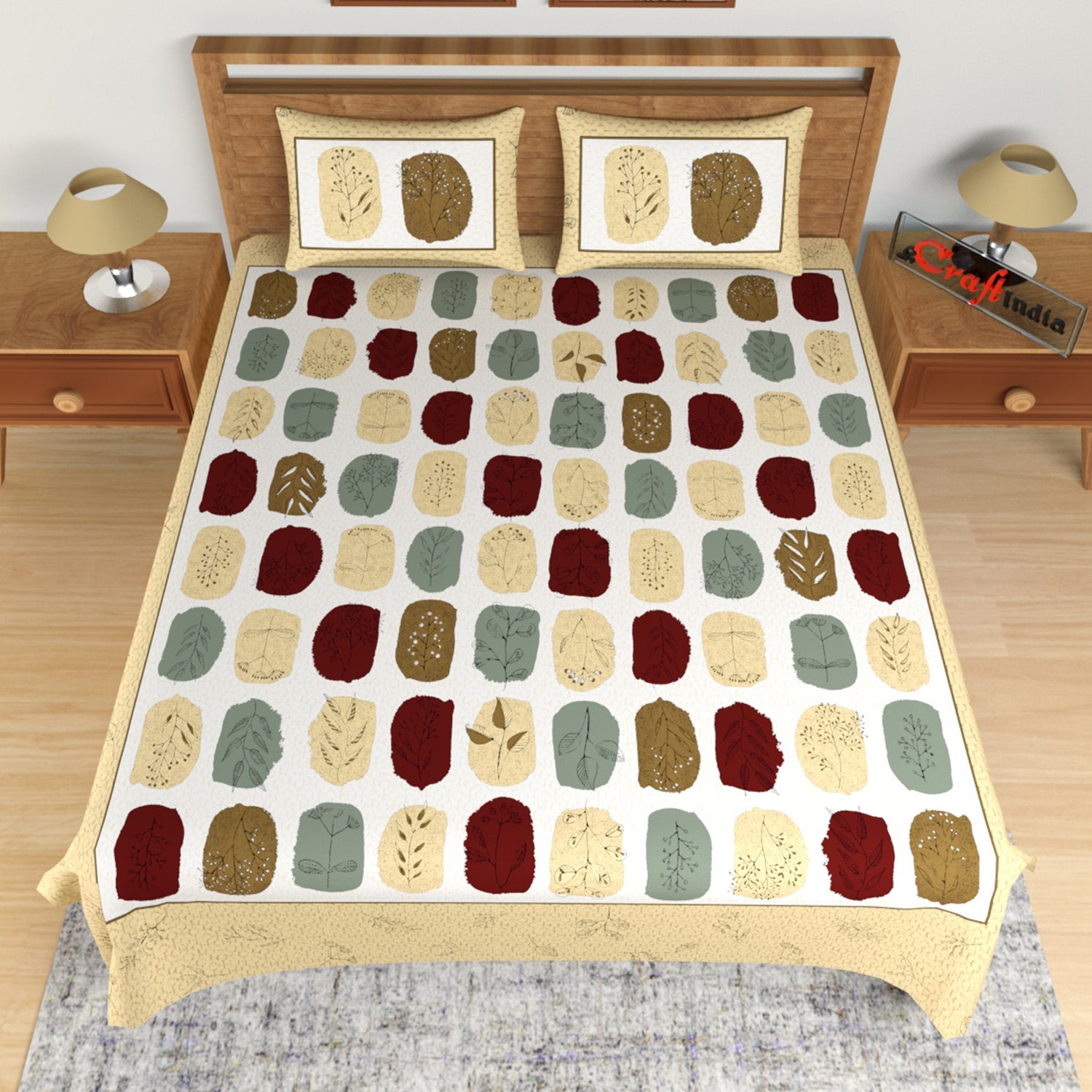 Yellow and Brown Floral Print 180 TC Cotton Double Bedsheet (108" x 108") with 2 pillow cover 2