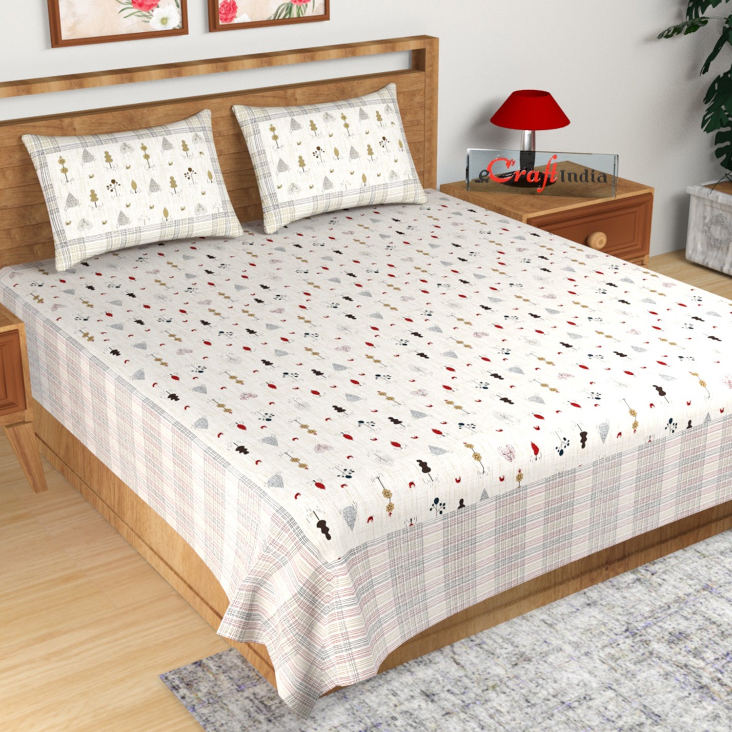 Multicolor Floral Print 180 TC Cotton Double Bedsheet (108" x 108") with 2 pillow cover