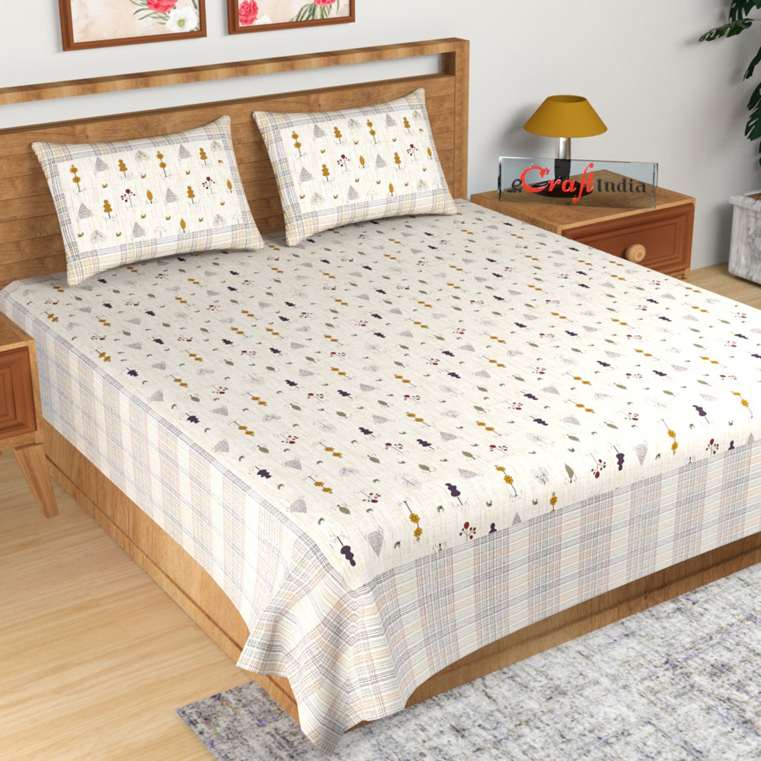Yellow and White Floral Print 180 TC Cotton Double Bedsheet (108" x 108") with 2 pillow cover