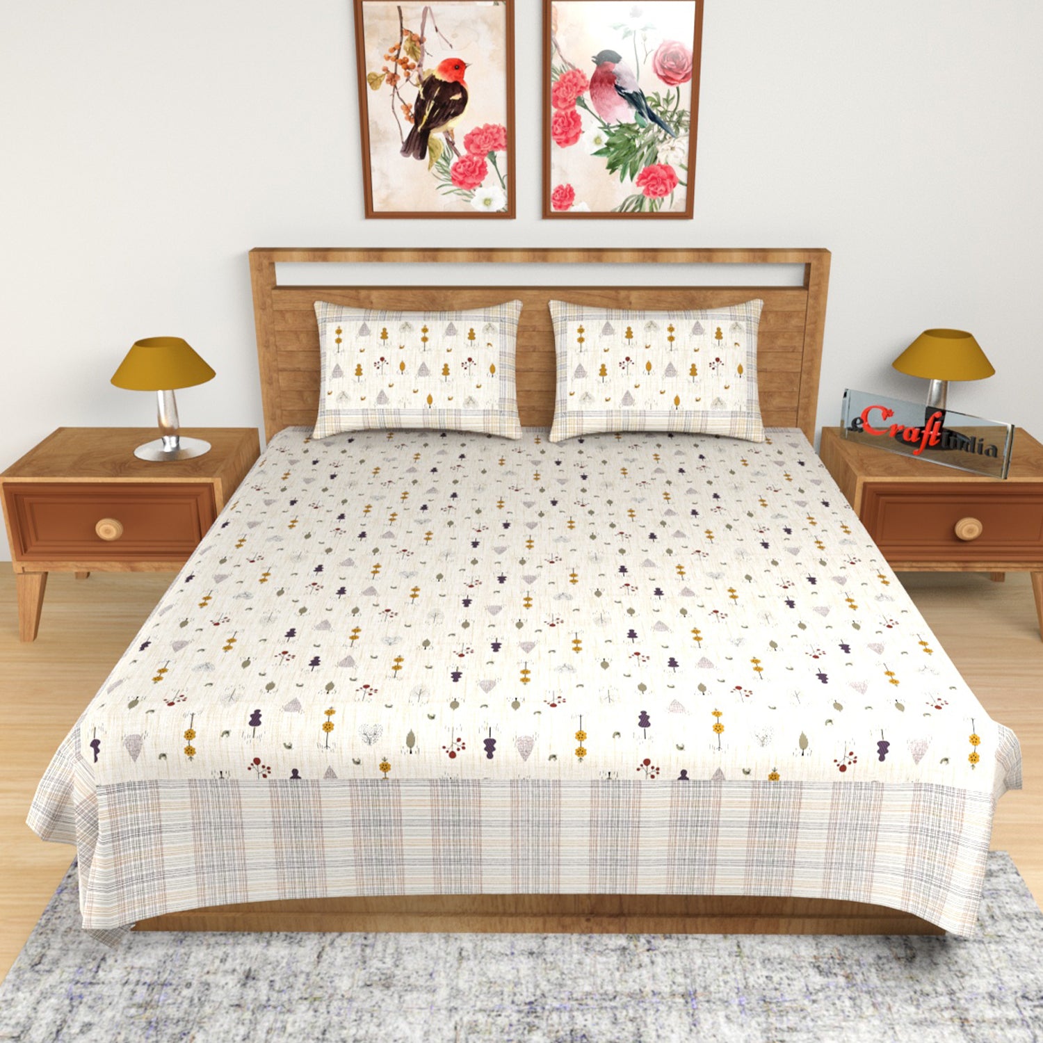 Yellow and White Floral Print 180 TC Cotton Double Bedsheet (108" x 108") with 2 pillow cover 1