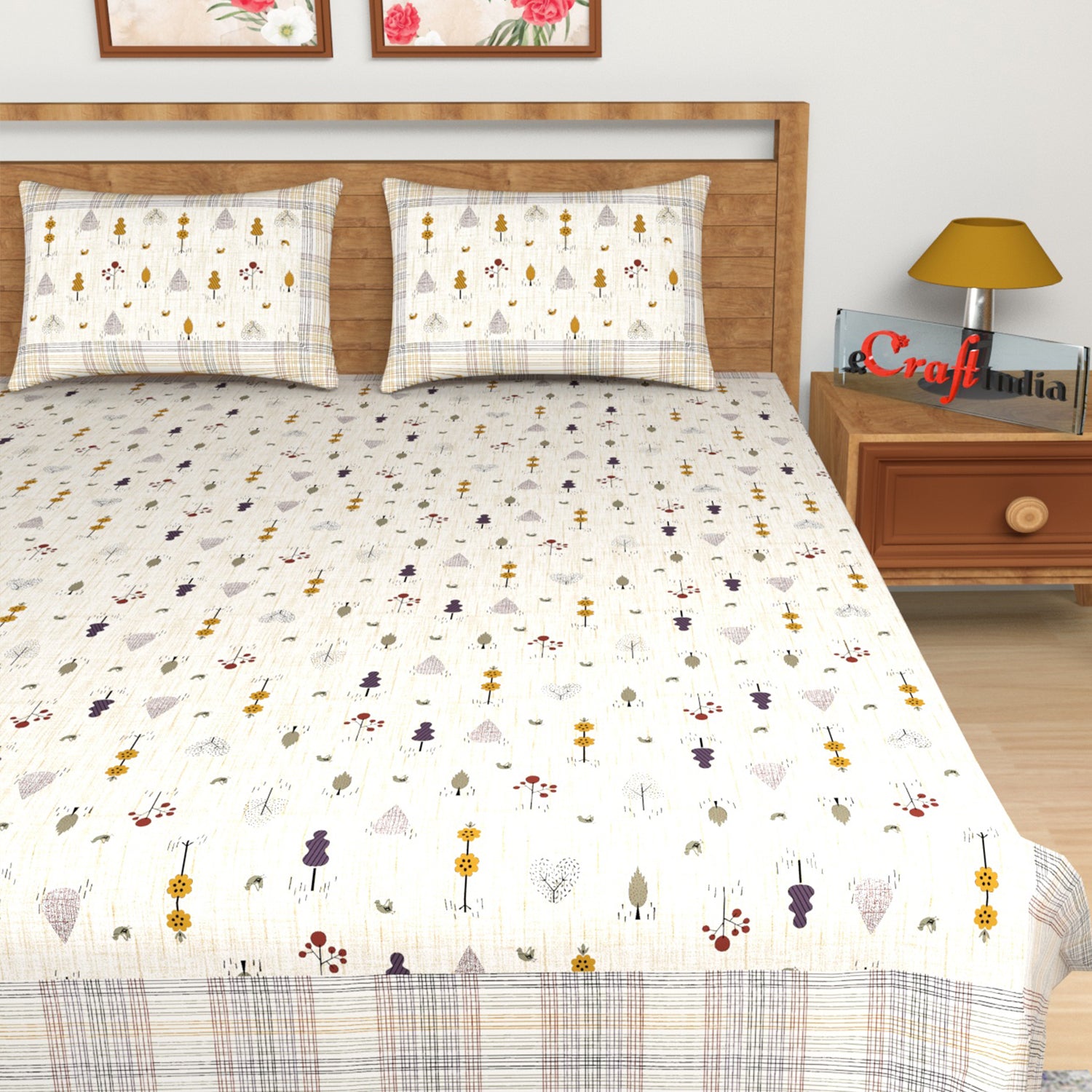 Yellow and White Floral Print 180 TC Cotton Double Bedsheet (108" x 108") with 2 pillow cover 3