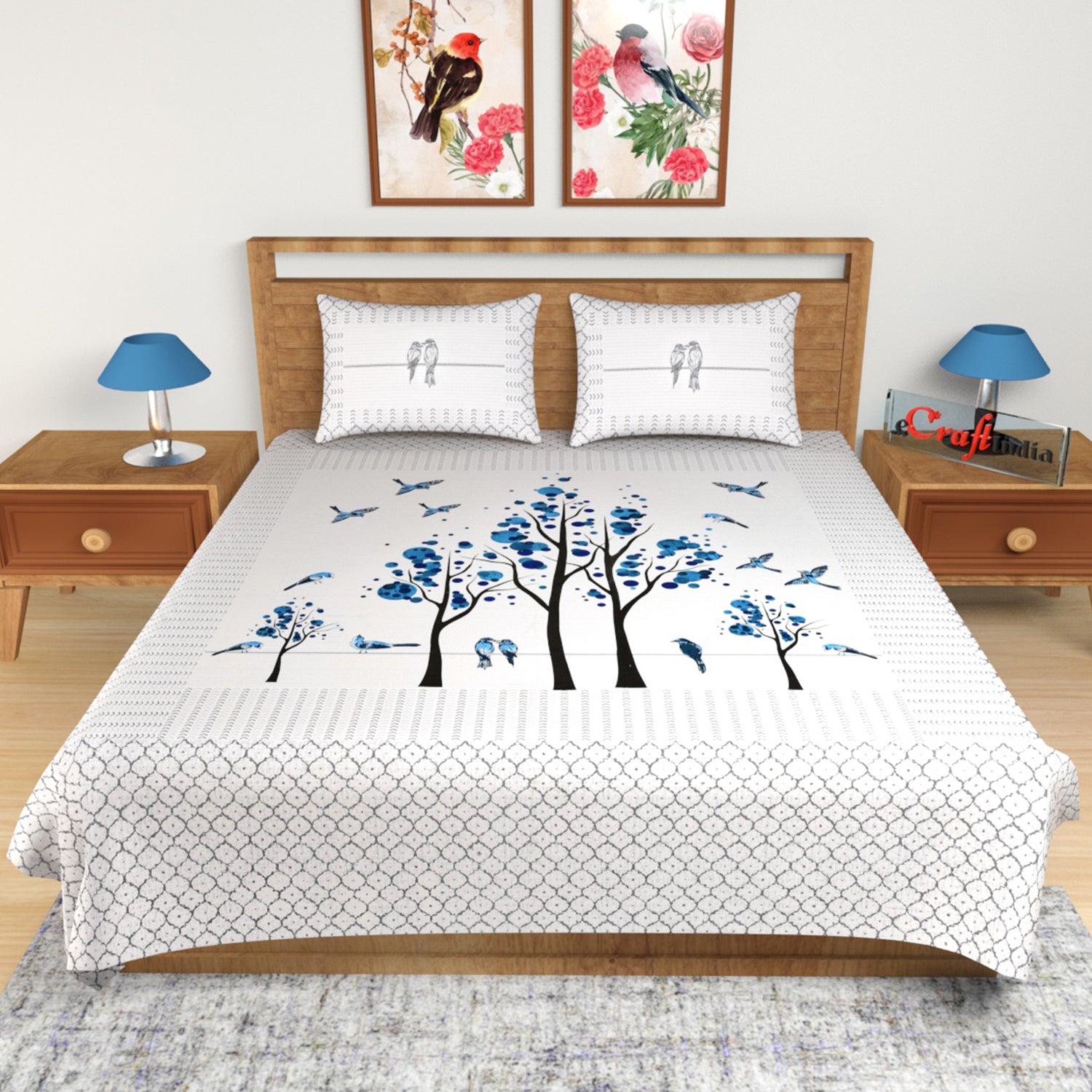 Blue Floral Print 180 TC Cotton Double Bedsheet (108" x 108") with 2 pillow cover 1