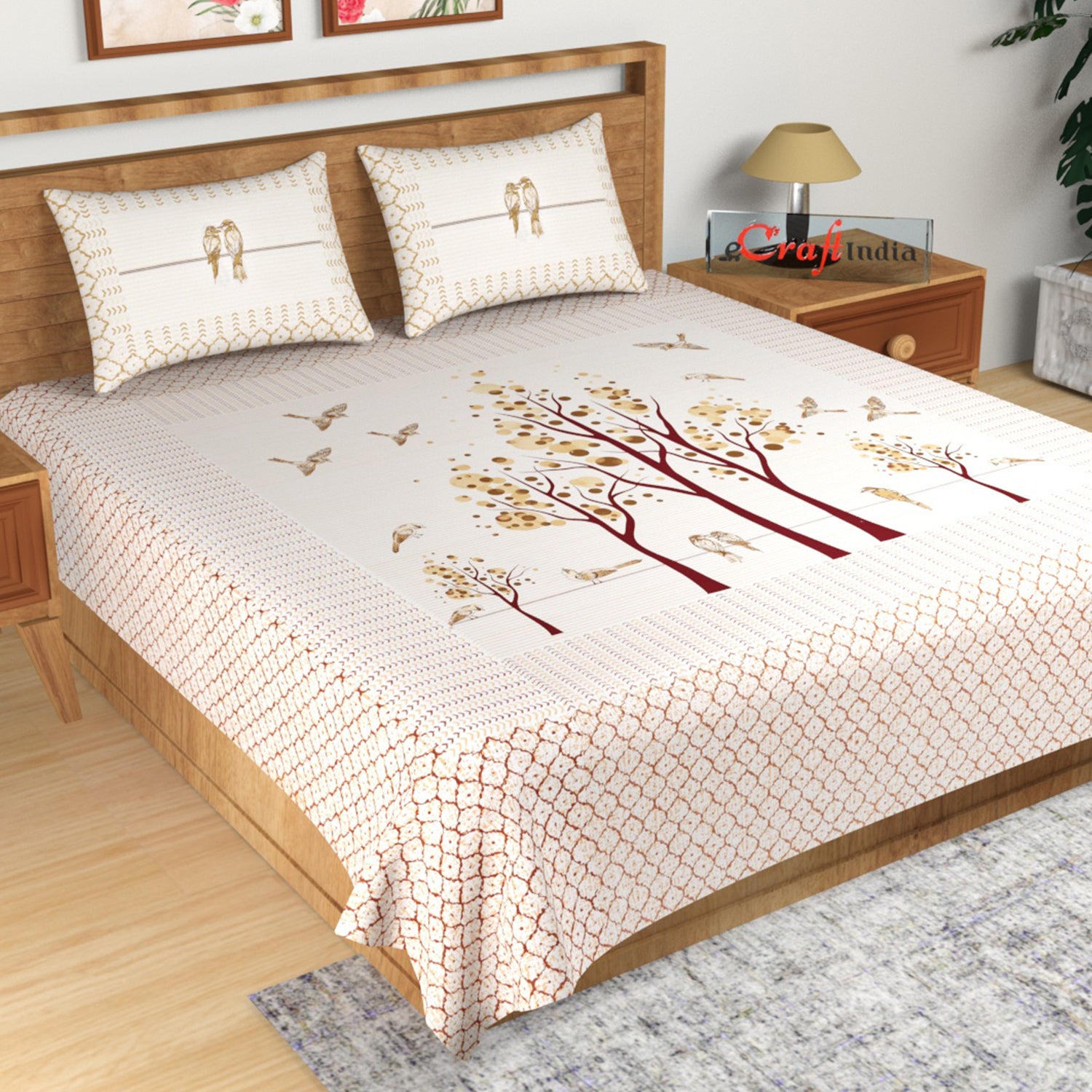 Brown Floral Print 180 TC Cotton Double Bedsheet (108" x 108") with 2 pillow cover