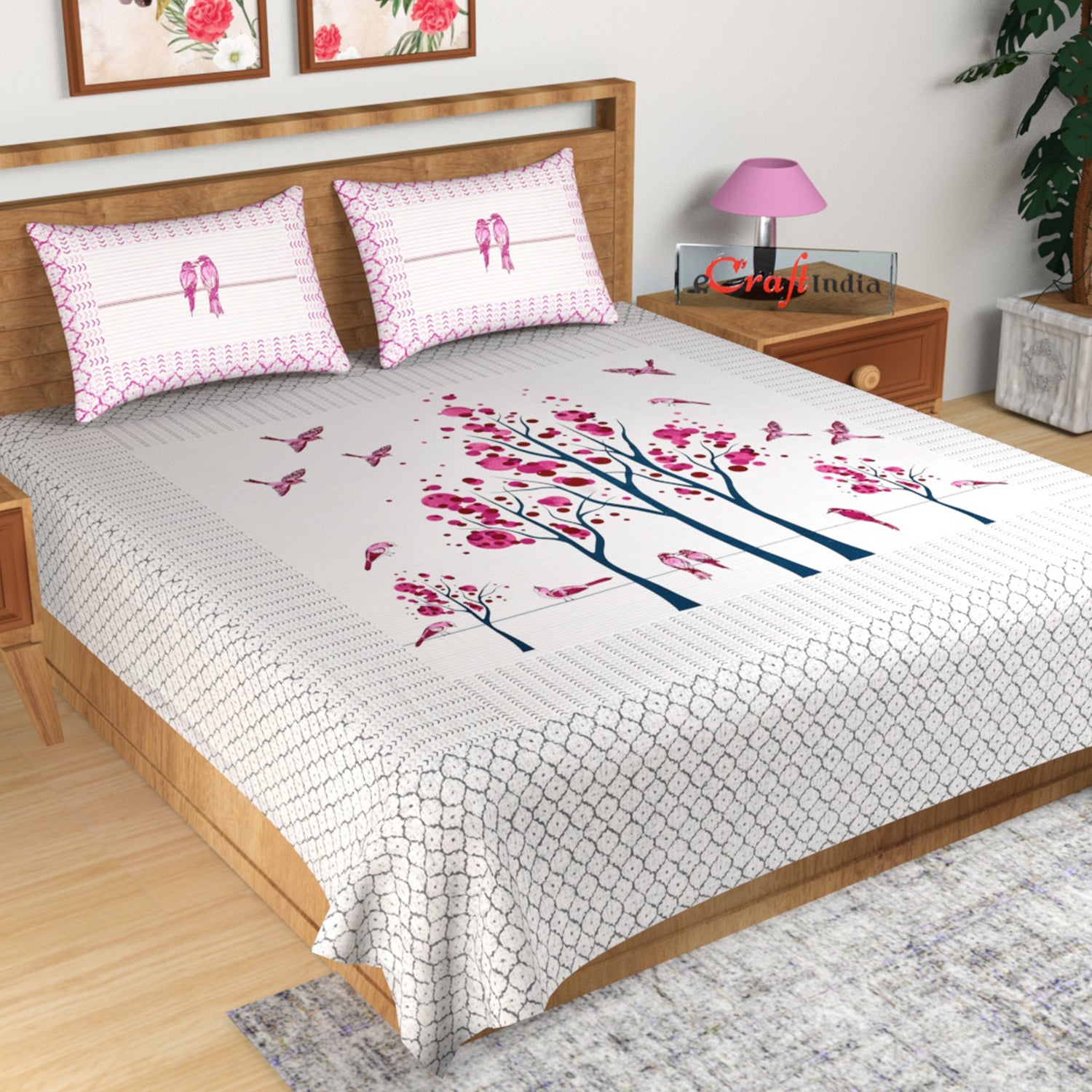 Pink Floral Print 180 TC Cotton Double Bedsheet (108" x 108") with 2 pillow cover