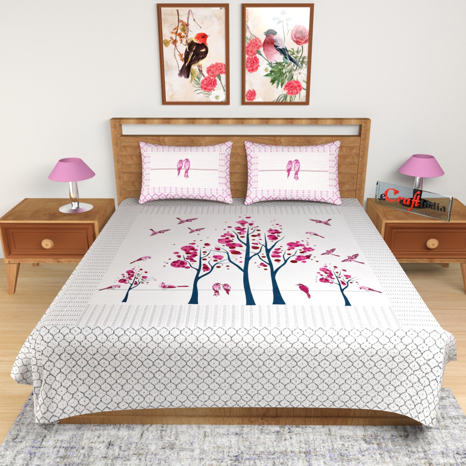 Pink Floral Print 180 TC Cotton Double Bedsheet (108" x 108") with 2 pillow cover 1
