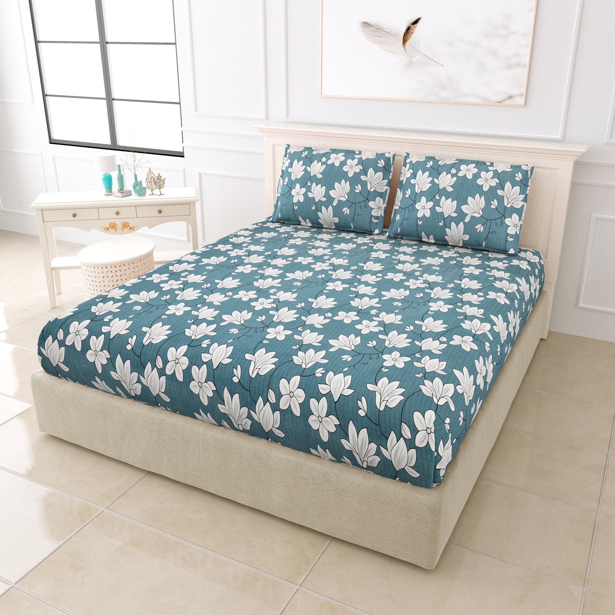 eCraftIndia 250 TC Blue, White Flowers Printed Cotton Double Bedsheet With 2 Pillow Covers 1