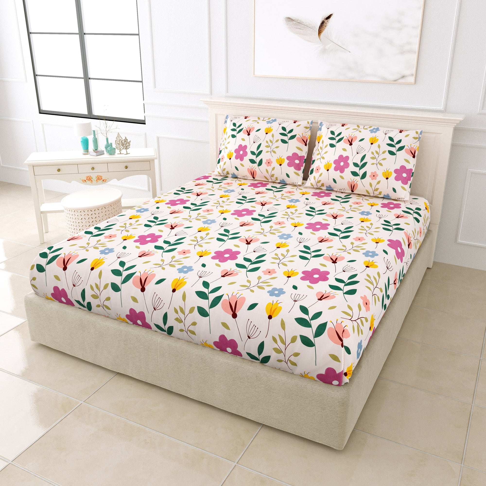 eCraftIndia 250 TC Multicolor Flowers Leaves Printed Cotton Double Bedsheet With 2 Pillow Covers 1