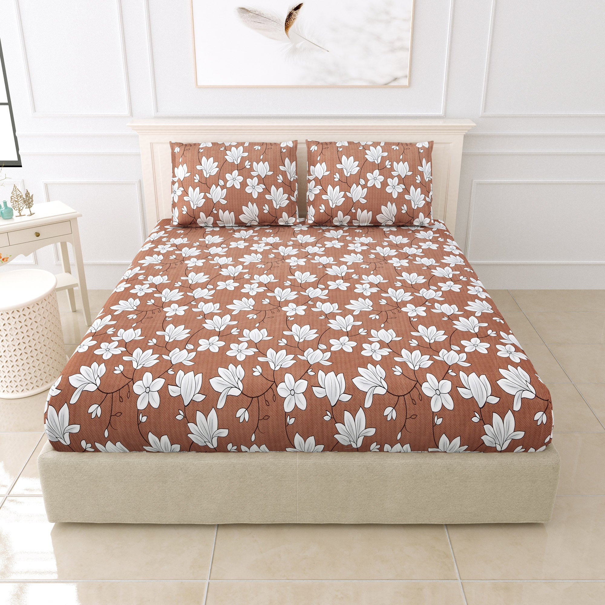 eCraftIndia 250 TC Brown & White Flowers Printed Cotton Double Bedsheet With 2 Pillow Covers