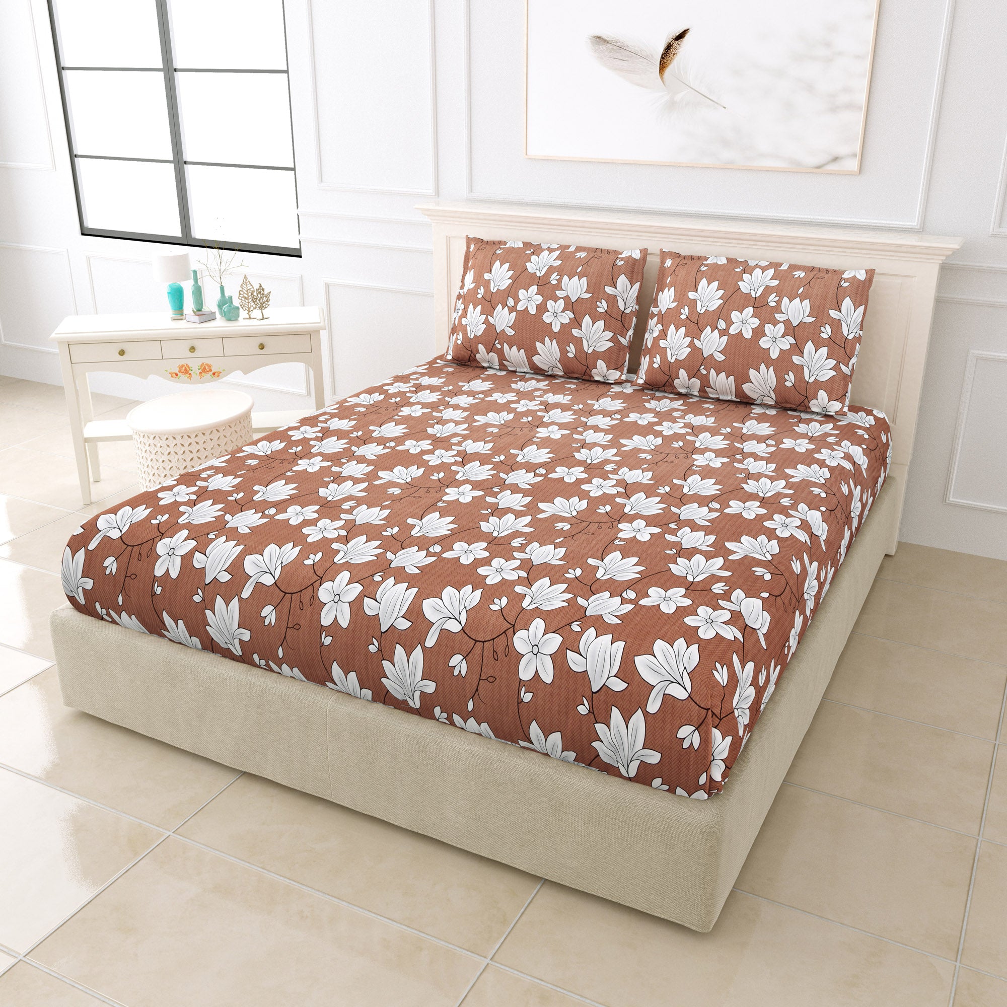 eCraftIndia 250 TC Brown & White Flowers Printed Cotton Double Bedsheet With 2 Pillow Covers 1