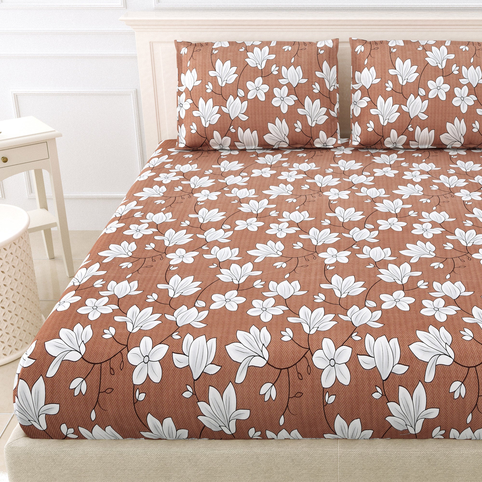 eCraftIndia 250 TC Brown & White Flowers Printed Cotton Double Bedsheet With 2 Pillow Covers 2
