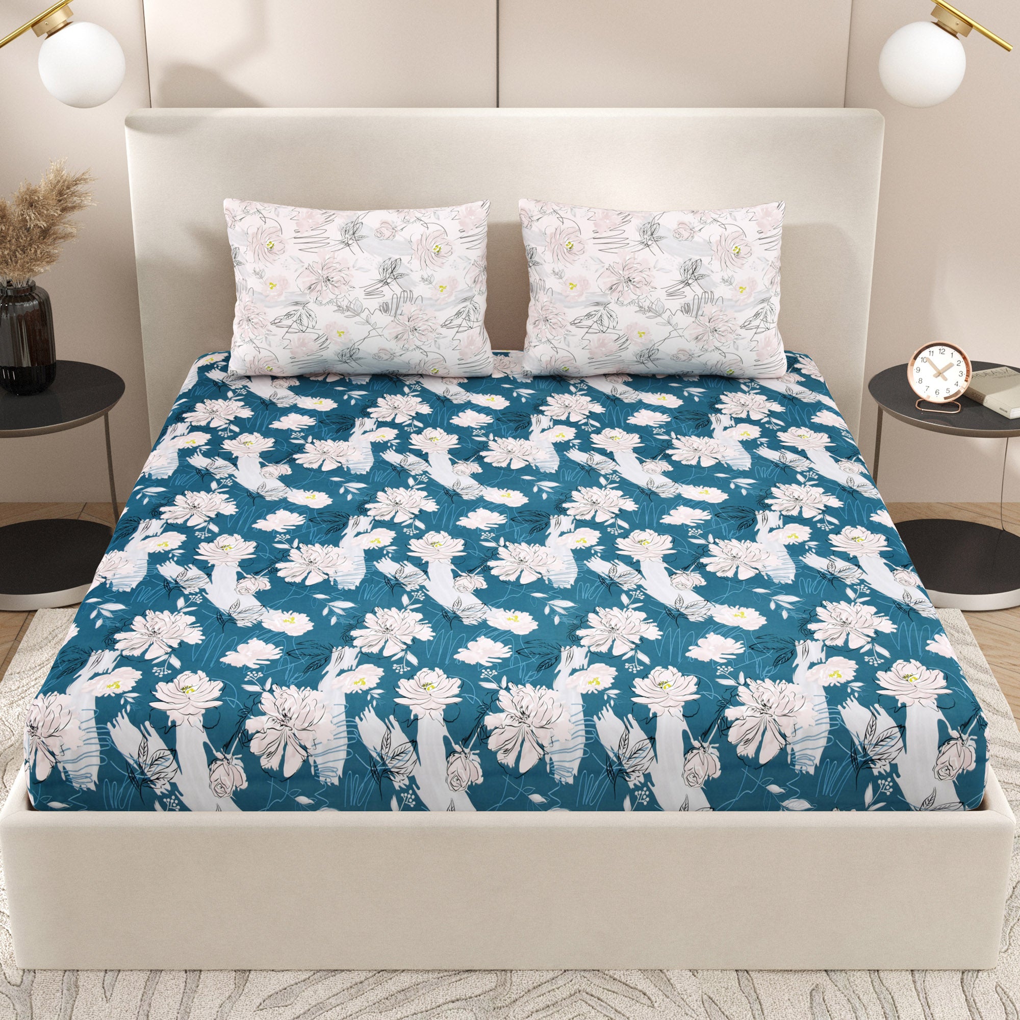 eCraftIndia 250 TC Blue, White Floral Printed Cotton Double Bedsheet With 2 Pillow Covers