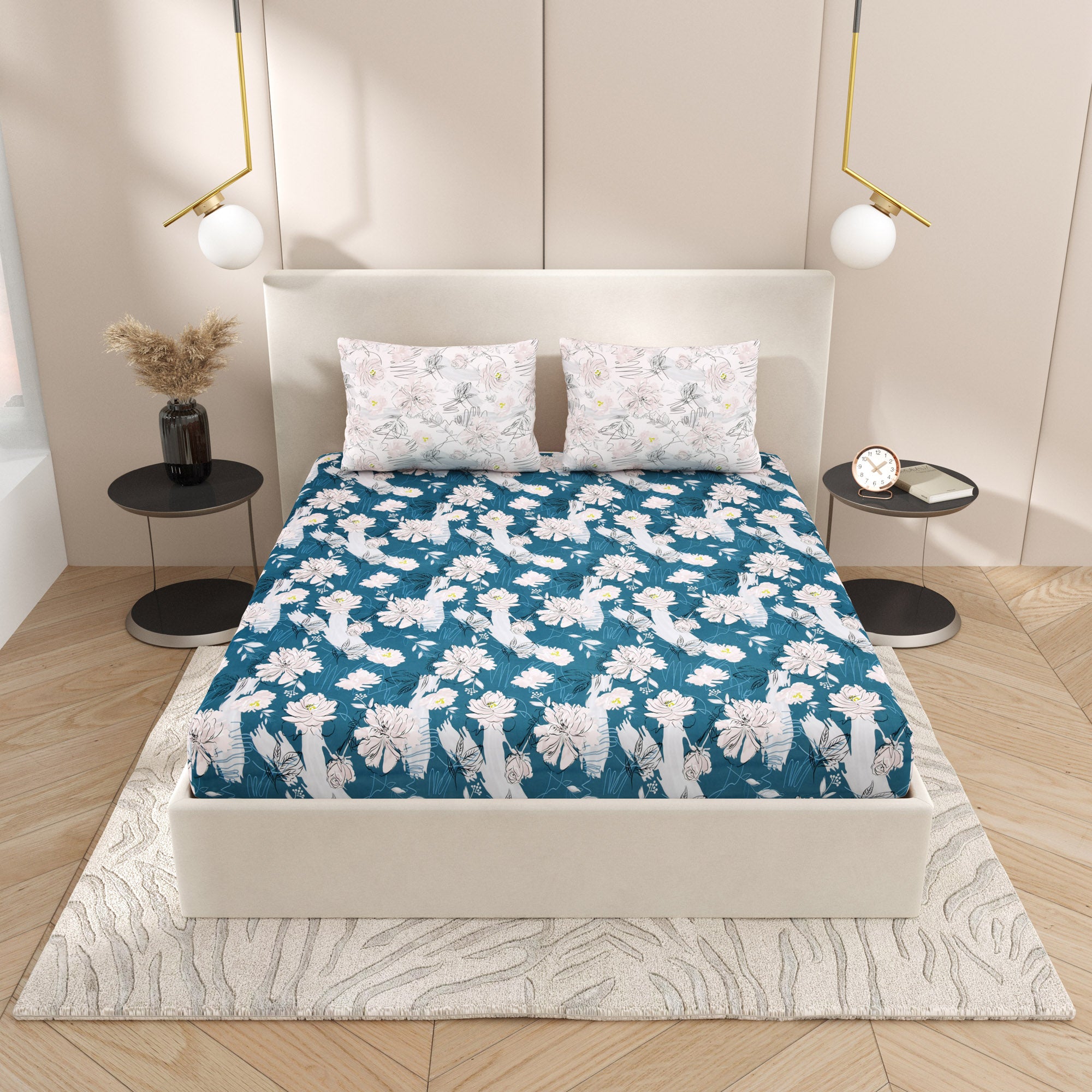 eCraftIndia 250 TC Blue, White Floral Printed Cotton Double Bedsheet With 2 Pillow Covers 1