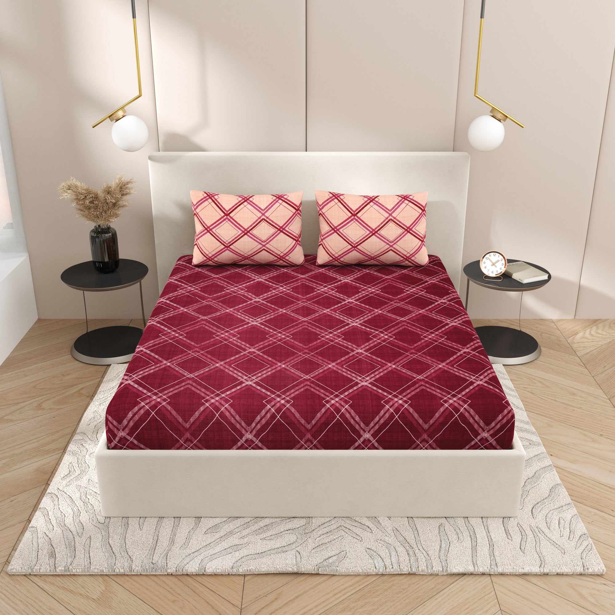 eCraftIndia 250 TC Red Geometric Square Printed Cotton Double Bedsheet With 2 Pillow Covers 1