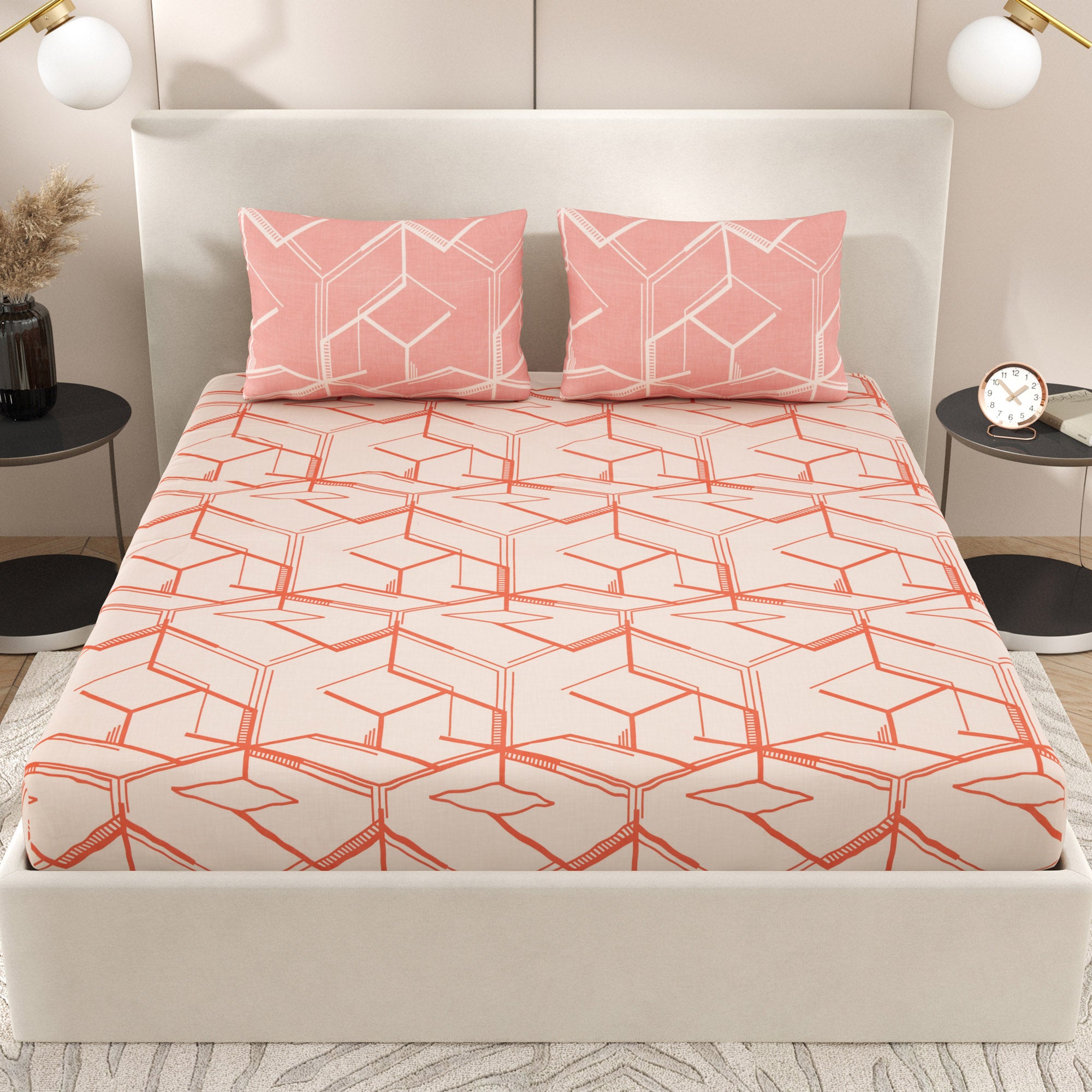 eCraftIndia 250 TC Rose Geometric Printed Cotton Double Bedsheet With 2 Pillow Covers