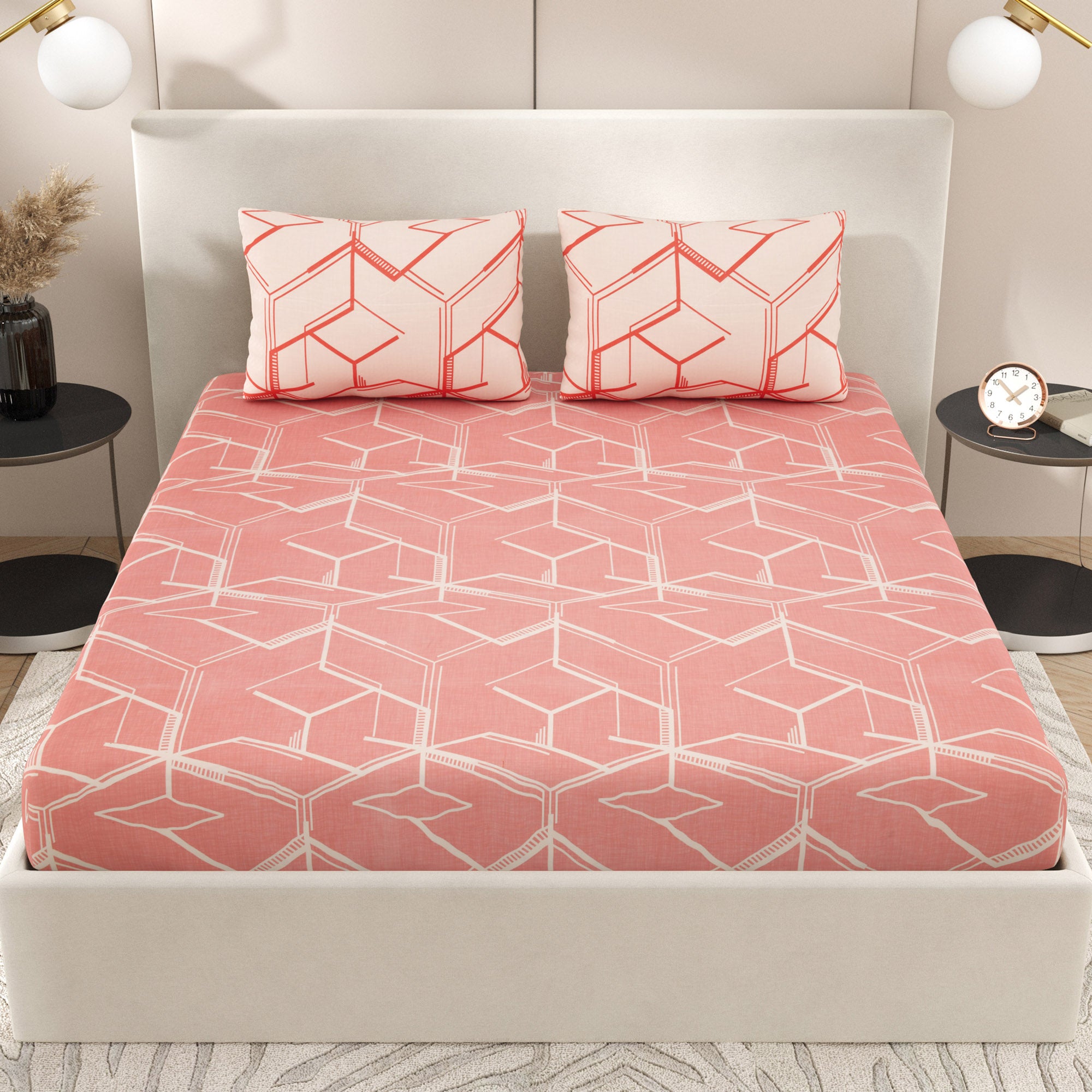 eCraftIndia 250 TC Rose Geometric Printed Cotton Double Bedsheet With 2 Pillow Covers