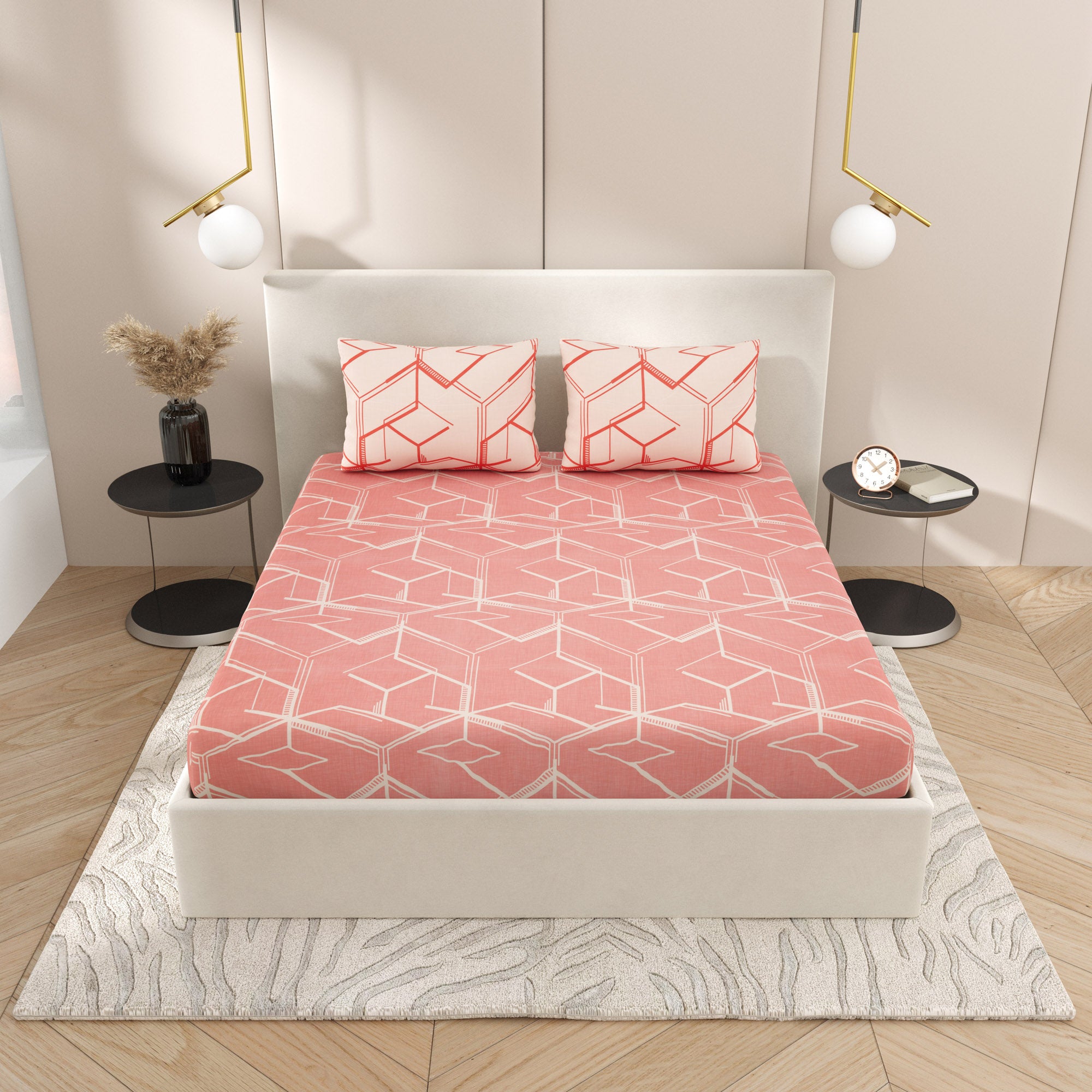 eCraftIndia 250 TC Rose Geometric Printed Cotton Double Bedsheet With 2 Pillow Covers 1