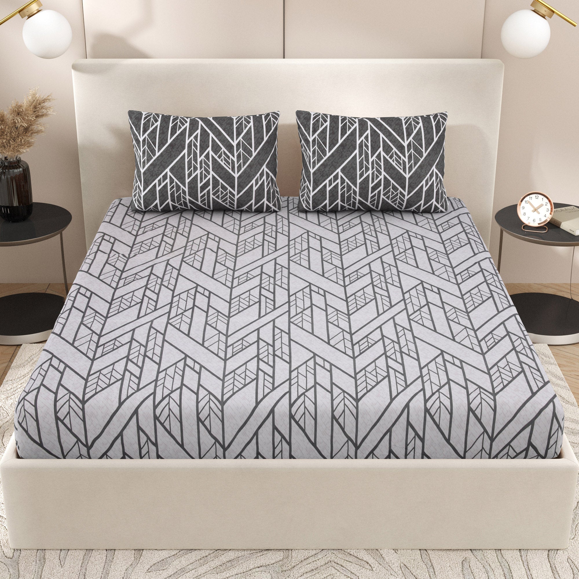 eCraftIndia 250 TC Grey Geometric Printed Cotton Double Bedsheet With 2 Pillow Covers