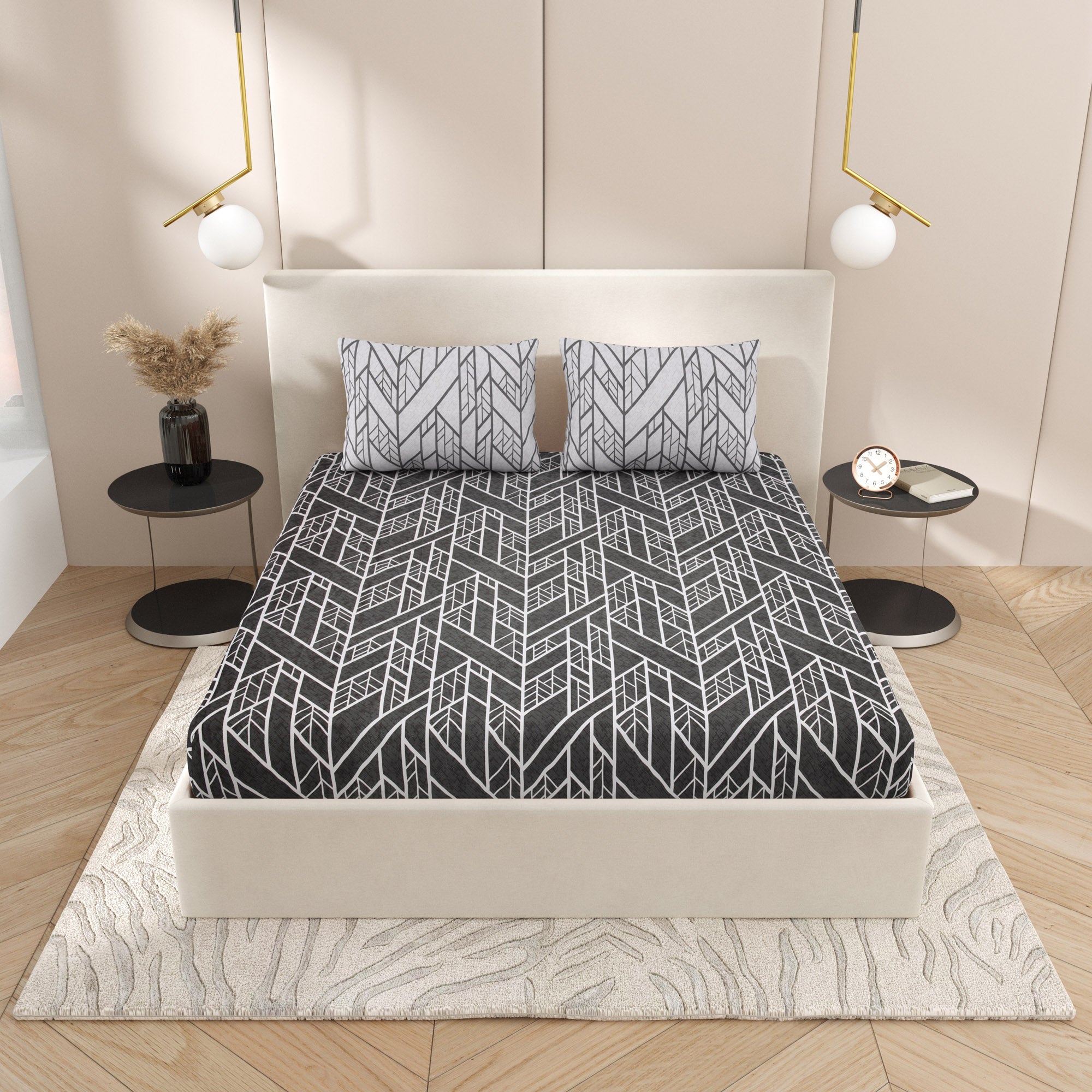 eCraftIndia 250 TC Grey Geometric Printed Cotton Double Bedsheet With 2 Pillow Covers 1