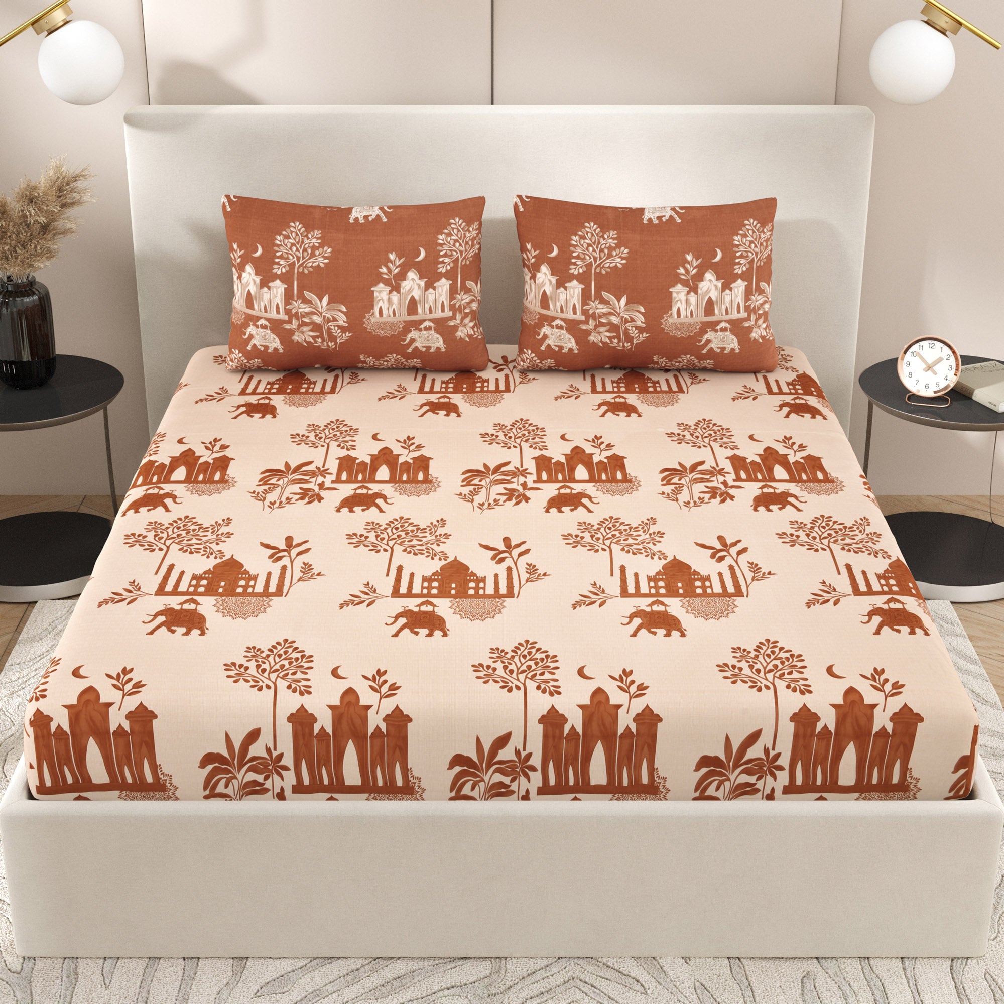 eCraftIndia 250 TC Brown Jaipuri Printed Cotton Double Bedsheet With 2 Pillow Covers