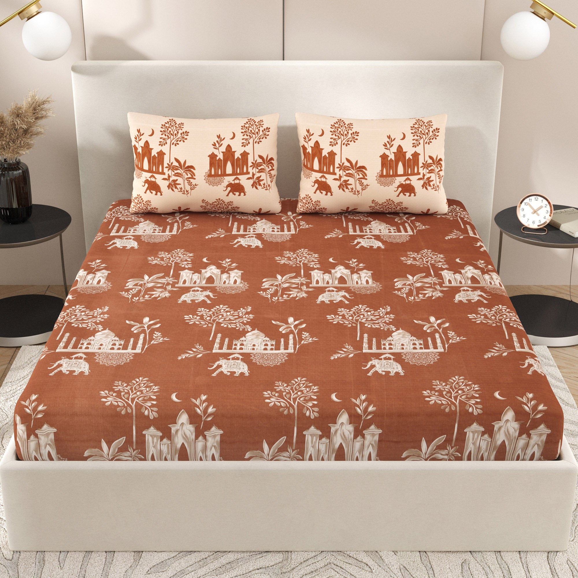 eCraftIndia 250 TC Brown Jaipuri Printed Cotton Double Bedsheet With 2 Pillow Covers