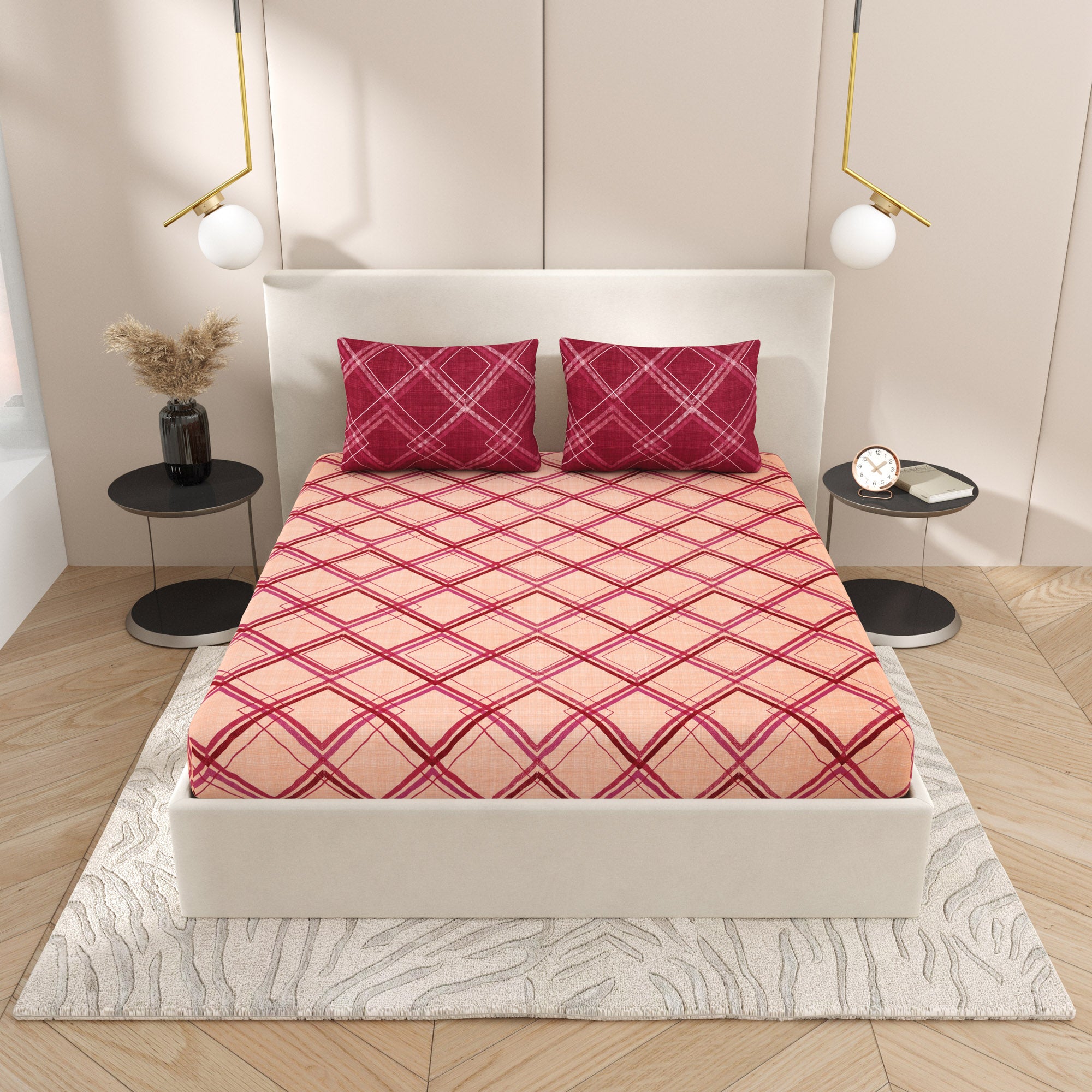 eCraftIndia 250 TC Pink, Red, Peach Geometric Square Printed Cotton Double Bedsheet With 2 Pillow Covers 1