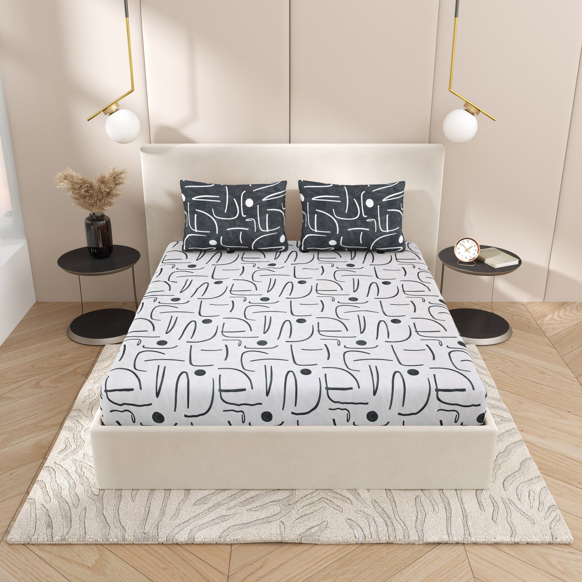 eCraftIndia 250 TC Black & White Abstract Printed Cotton Double Bedsheet With 2 Pillow Covers 1