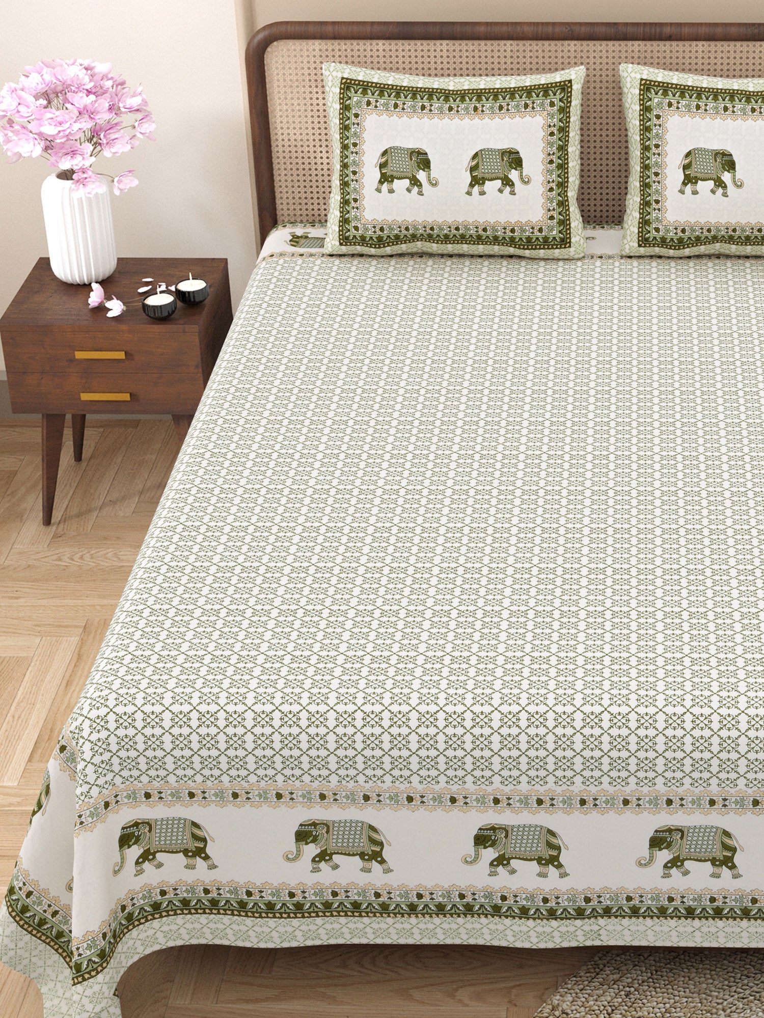 eCraftIndia Green Cotton Geometric Elephant Printed 180TC King Size Double Bedsheet with 2 Pillow Covers 2