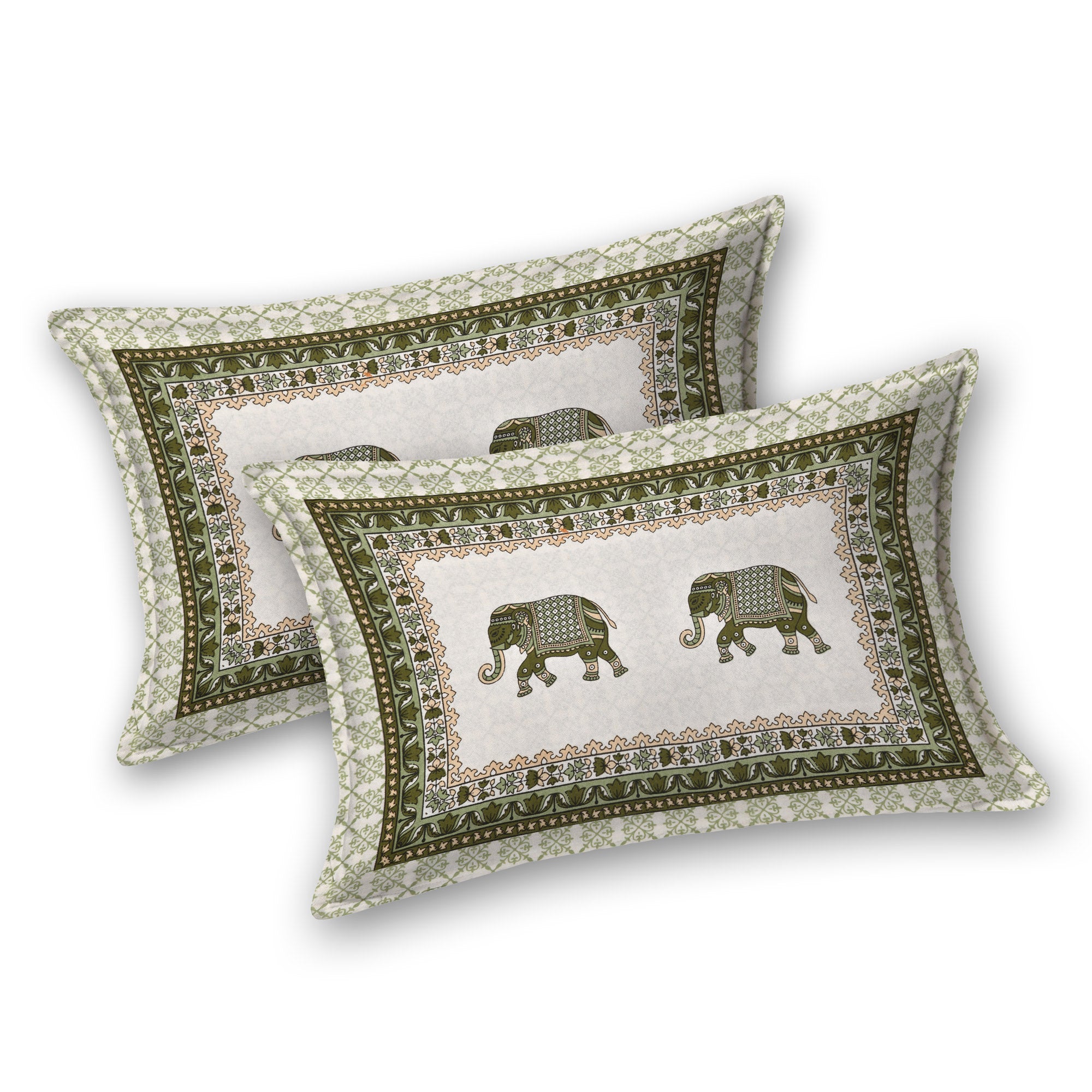 eCraftIndia Green Cotton Geometric Elephant Printed 180TC King Size Double Bedsheet with 2 Pillow Covers 3