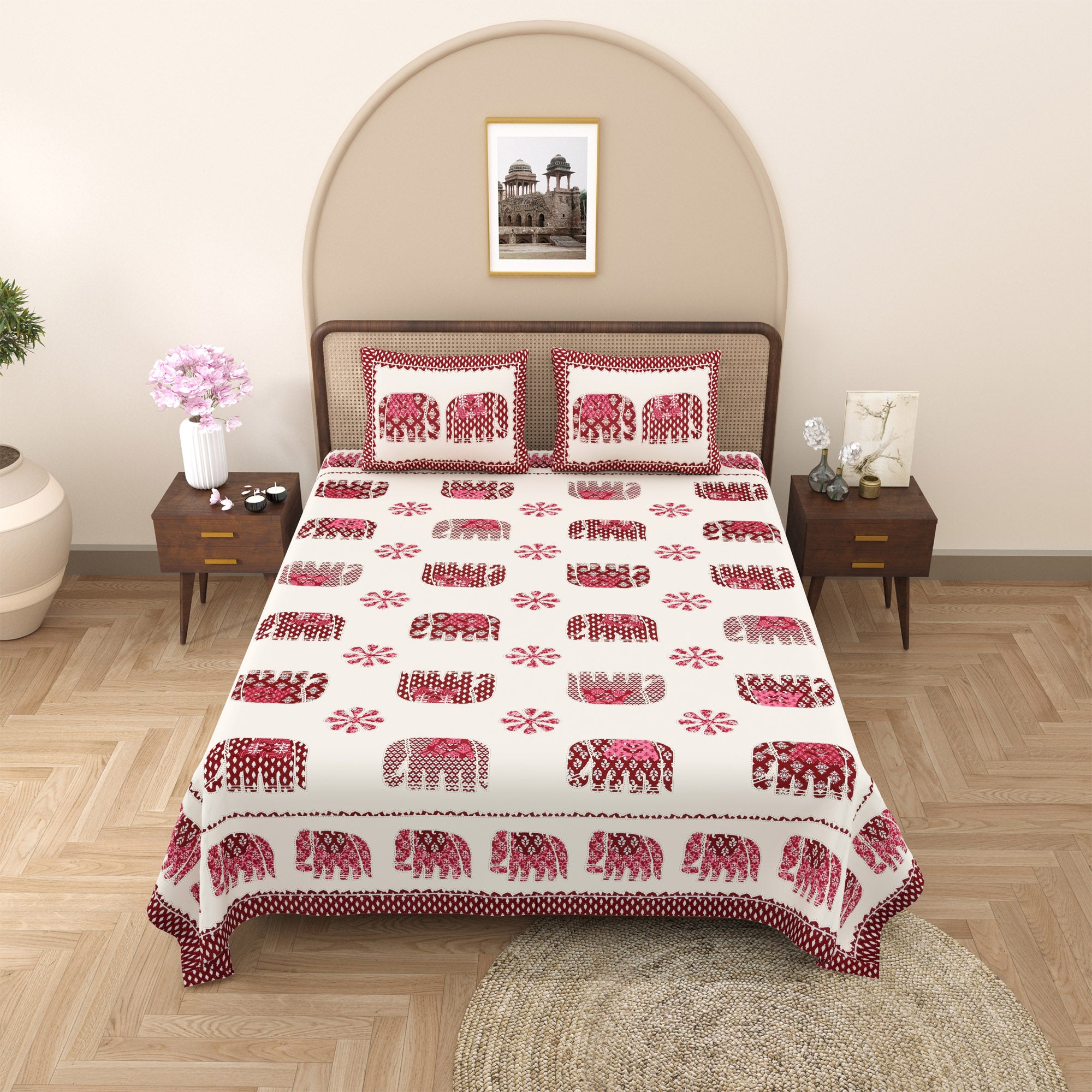 eCraftIndia Red and White Cotton Elephant Printed 180TC King Size Double Bedsheet with 2 Pillow Covers