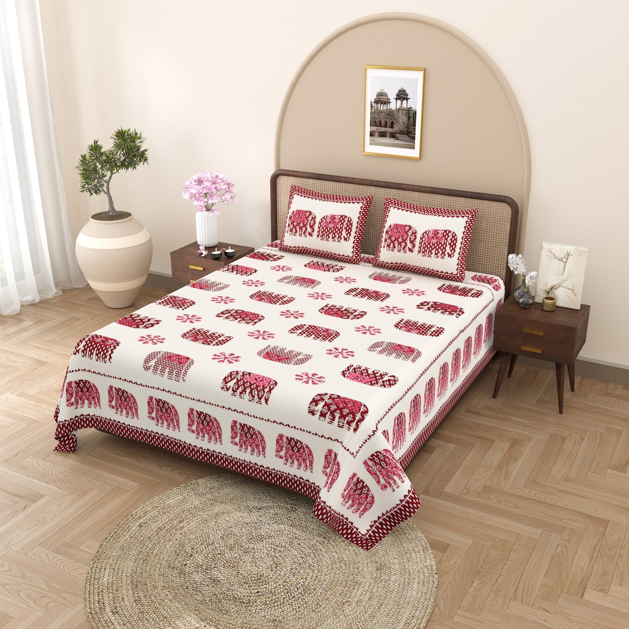 eCraftIndia Red and White Cotton Elephant Printed 180TC King Size Double Bedsheet with 2 Pillow Covers 1