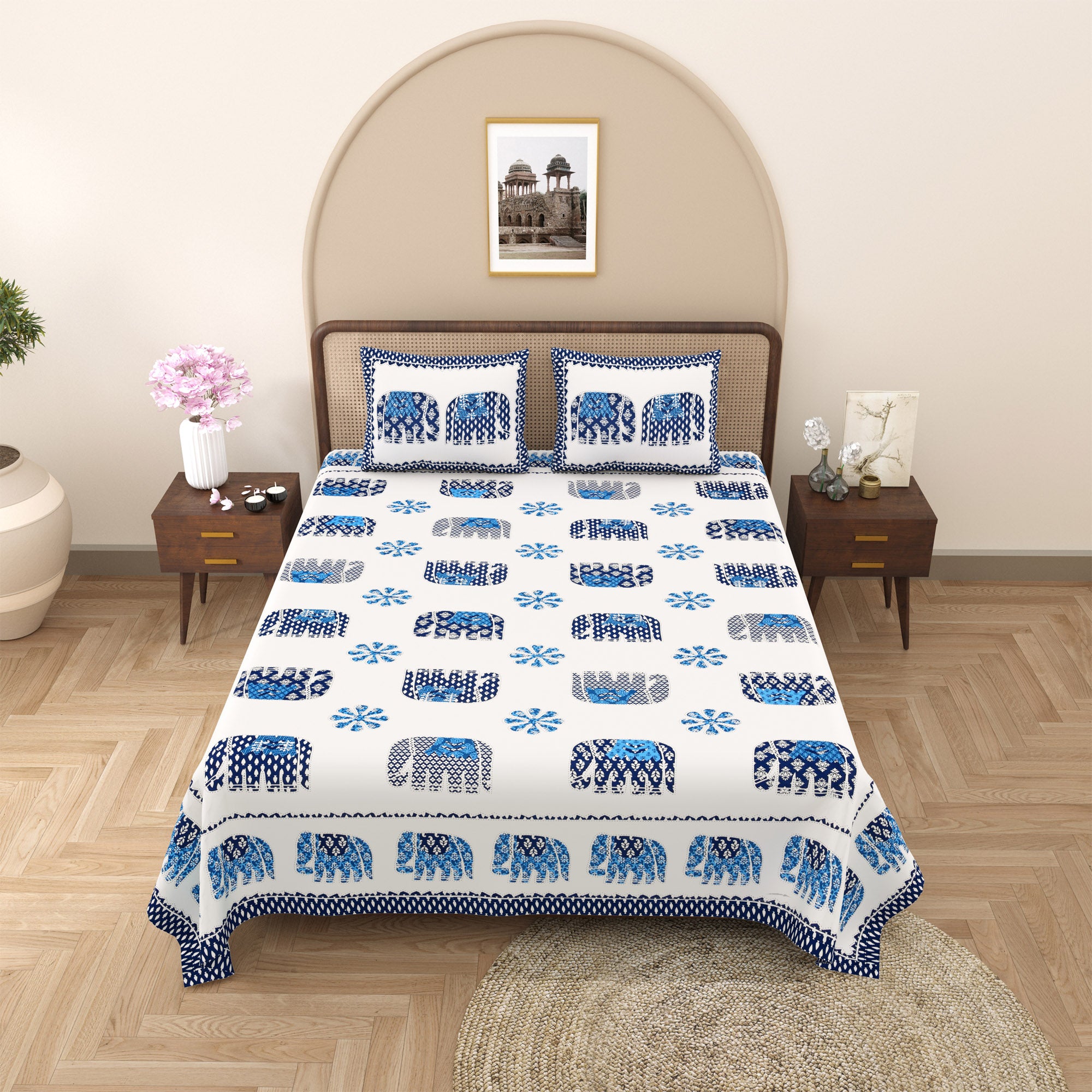 eCraftIndia Blue and White Cotton Elephant Printed 180TC King Size Double Bedsheet with 2 Pillow Covers