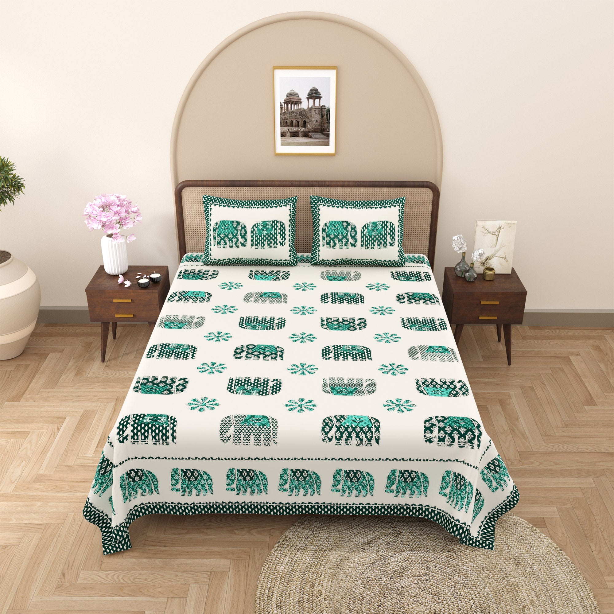 eCraftIndia Green Cotton Elephant Printed 180TC King Size Double Bedsheet with 2 Pillow Covers