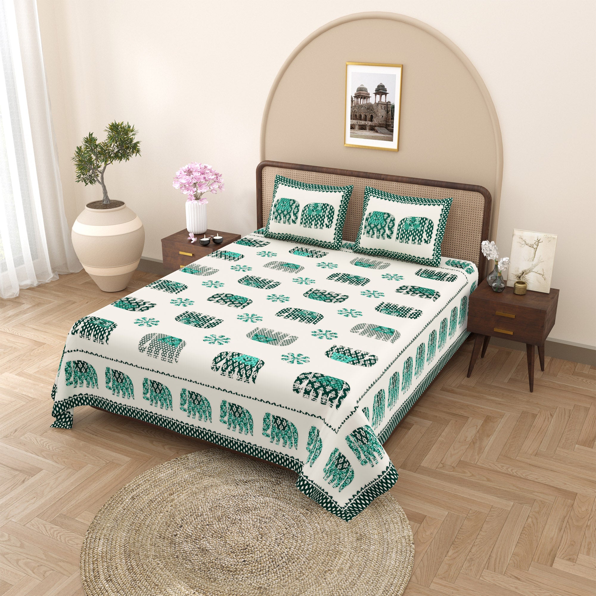 eCraftIndia Green Cotton Elephant Printed 180TC King Size Double Bedsheet with 2 Pillow Covers 1
