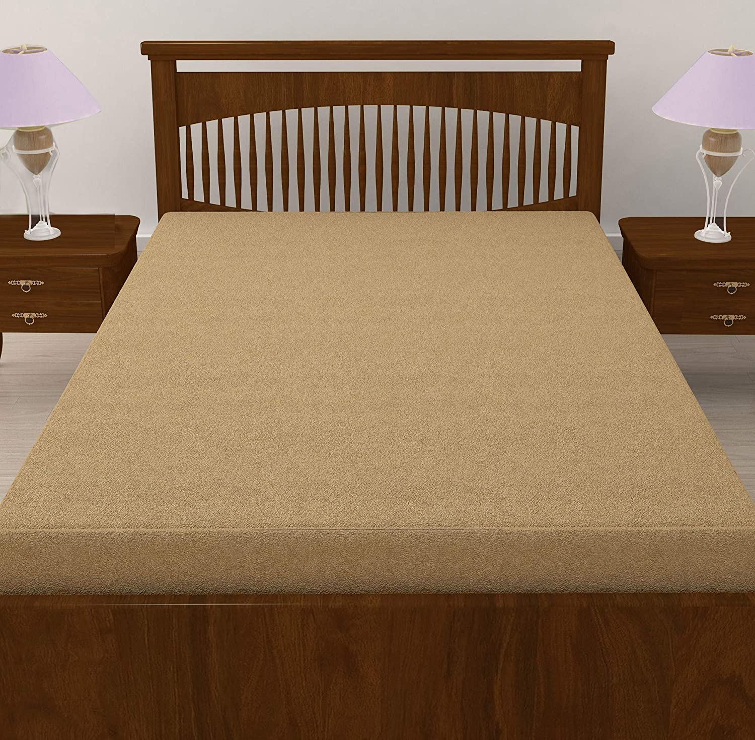 100% Waterproof Terry Cotton Fitted Mattress Protector for King Size Bed (78 x 72 Inch, Beige)