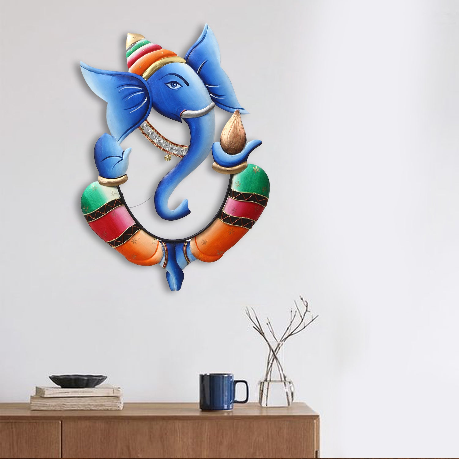 Colorful Lord Ganesha with Kalash in Hand Handcrafted Decorative Iron Wall Hanging 1