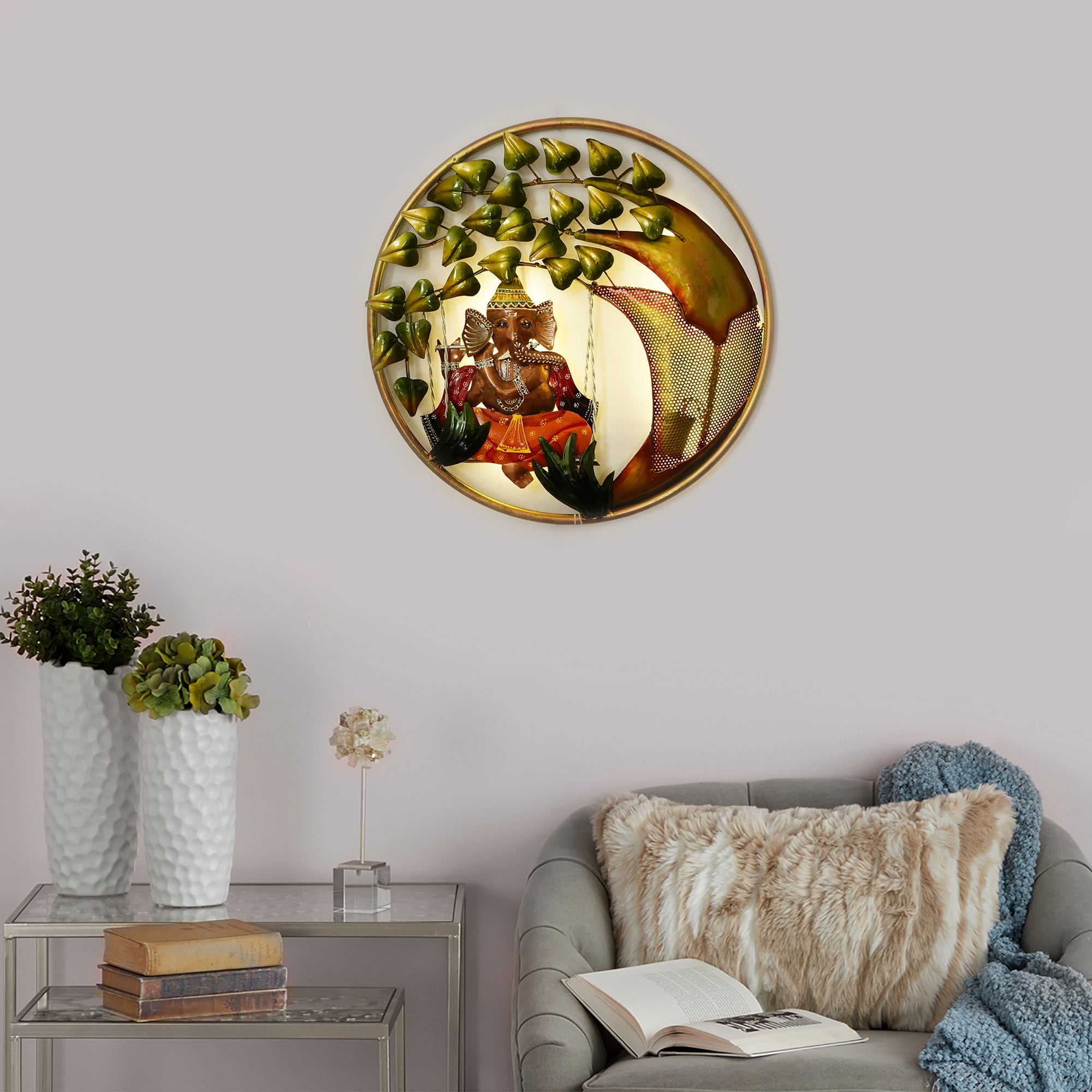 Handcrafted Lord Ganesha on Swing Under Tree Decorative Iron Wall Hanging with Background LED's 1