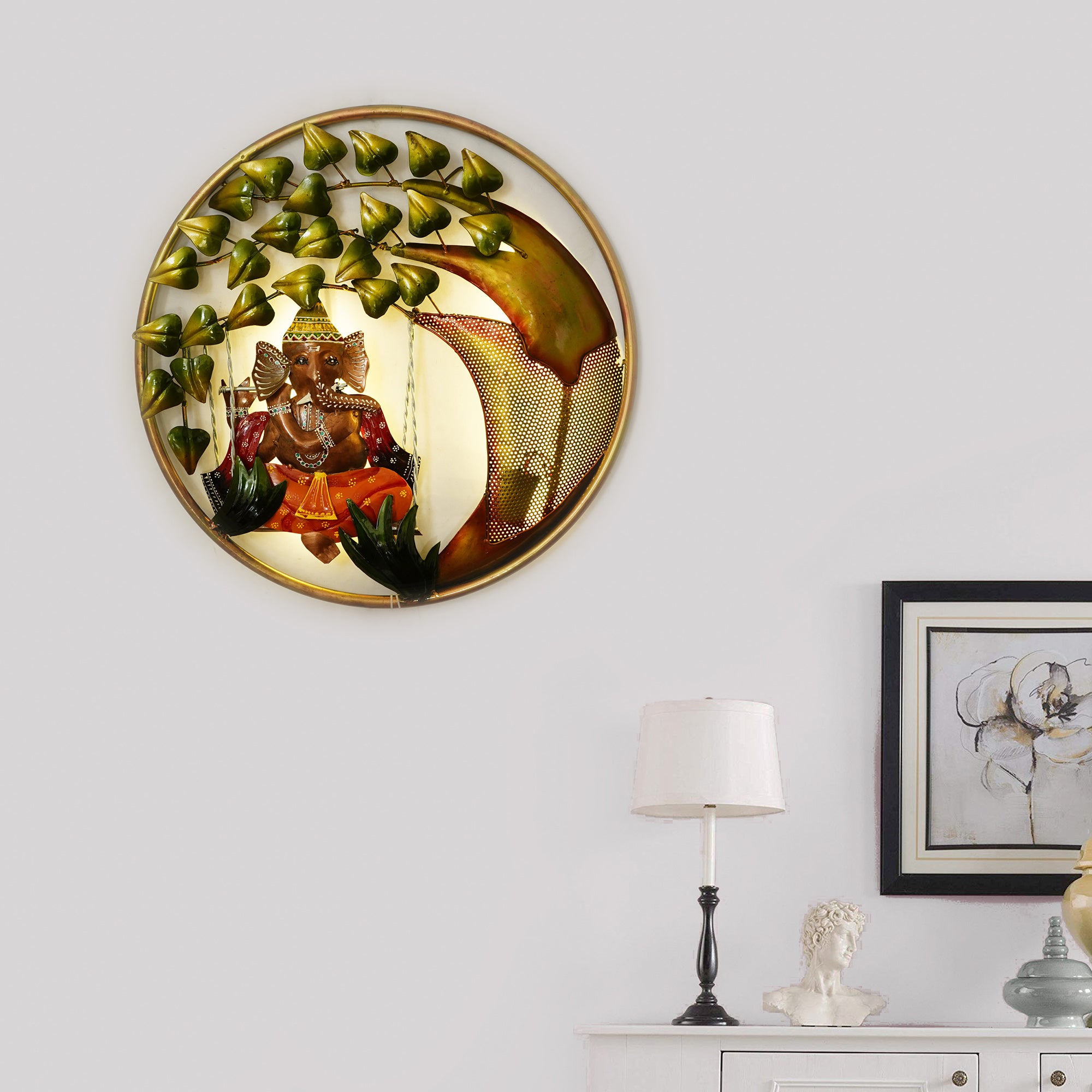 Handcrafted Lord Ganesha on Swing Under Tree Decorative Iron Wall Hanging with Background LED's