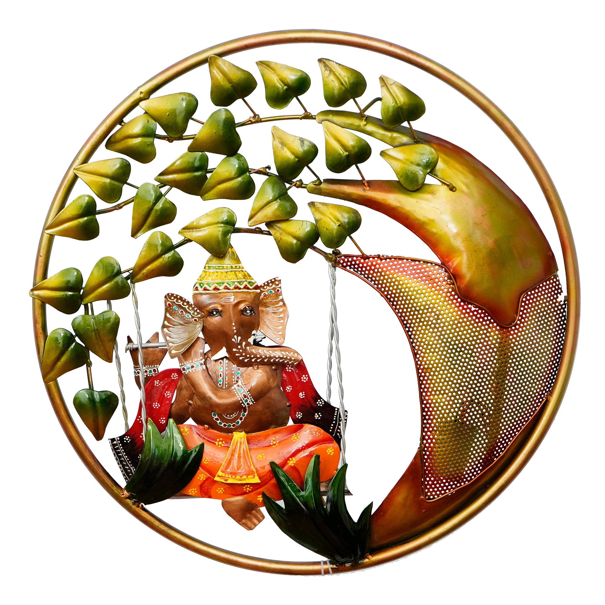 Handcrafted Lord Ganesha on Swing Under Tree Decorative Iron Wall Hanging with Background LED's 2