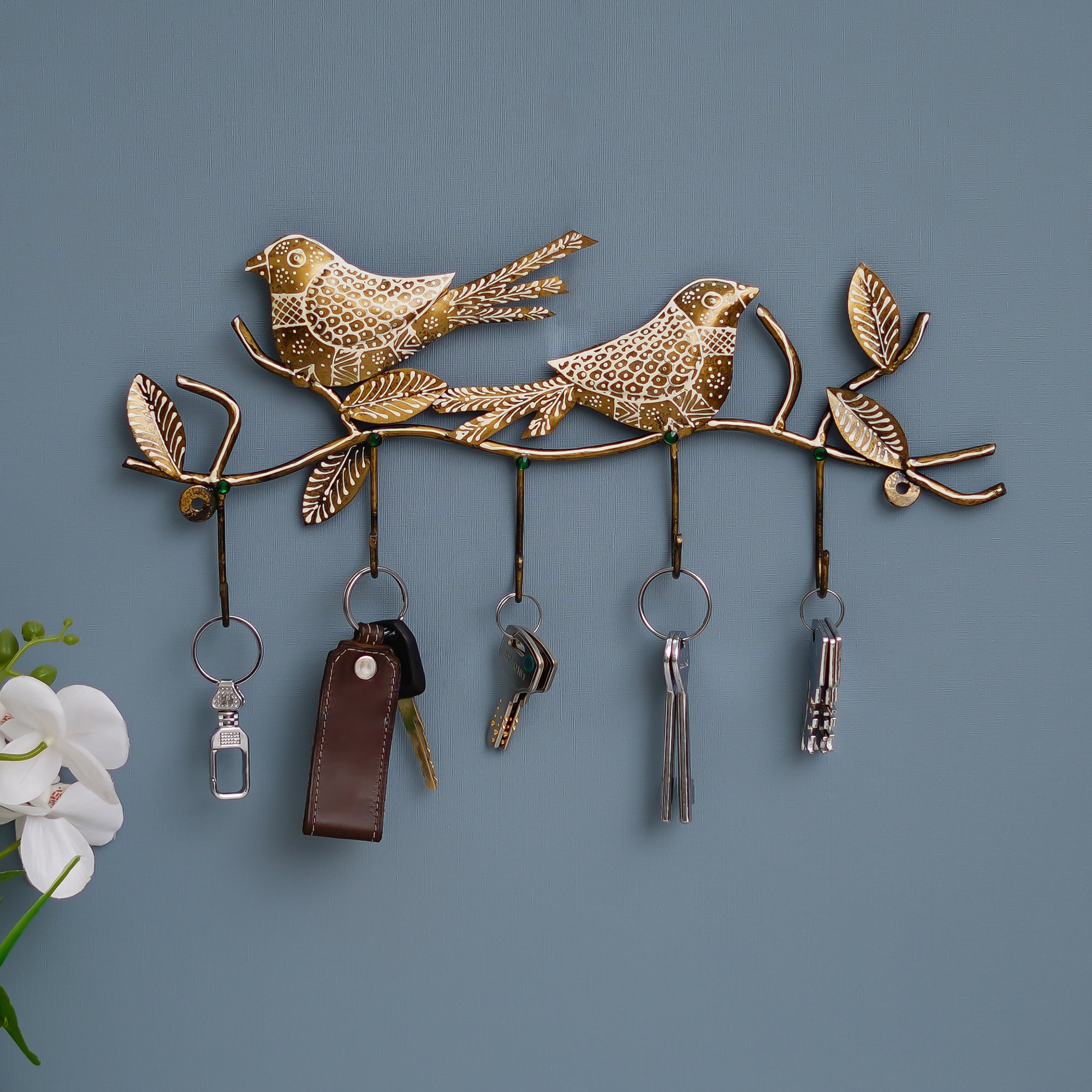 Bronze Birds on a Tree Branch with Leaves with 5 Hooks Iron Key Holder 1