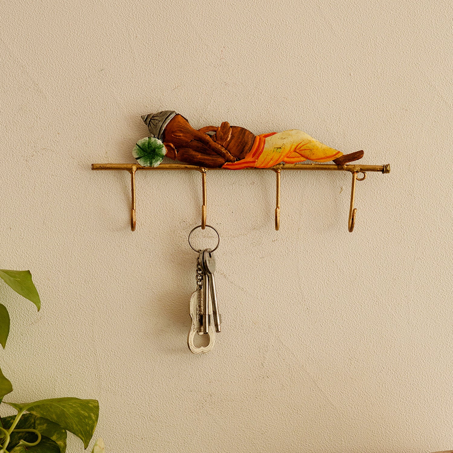Wrought Iron Resting Lord Ganesha Key Holder (Brown, Yellow and Green)