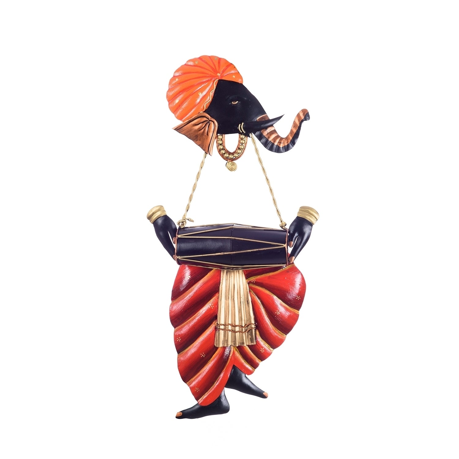 Orange and Black Wrought Iron Lord Ganesha Playing Dholak Wall Hanging 1
