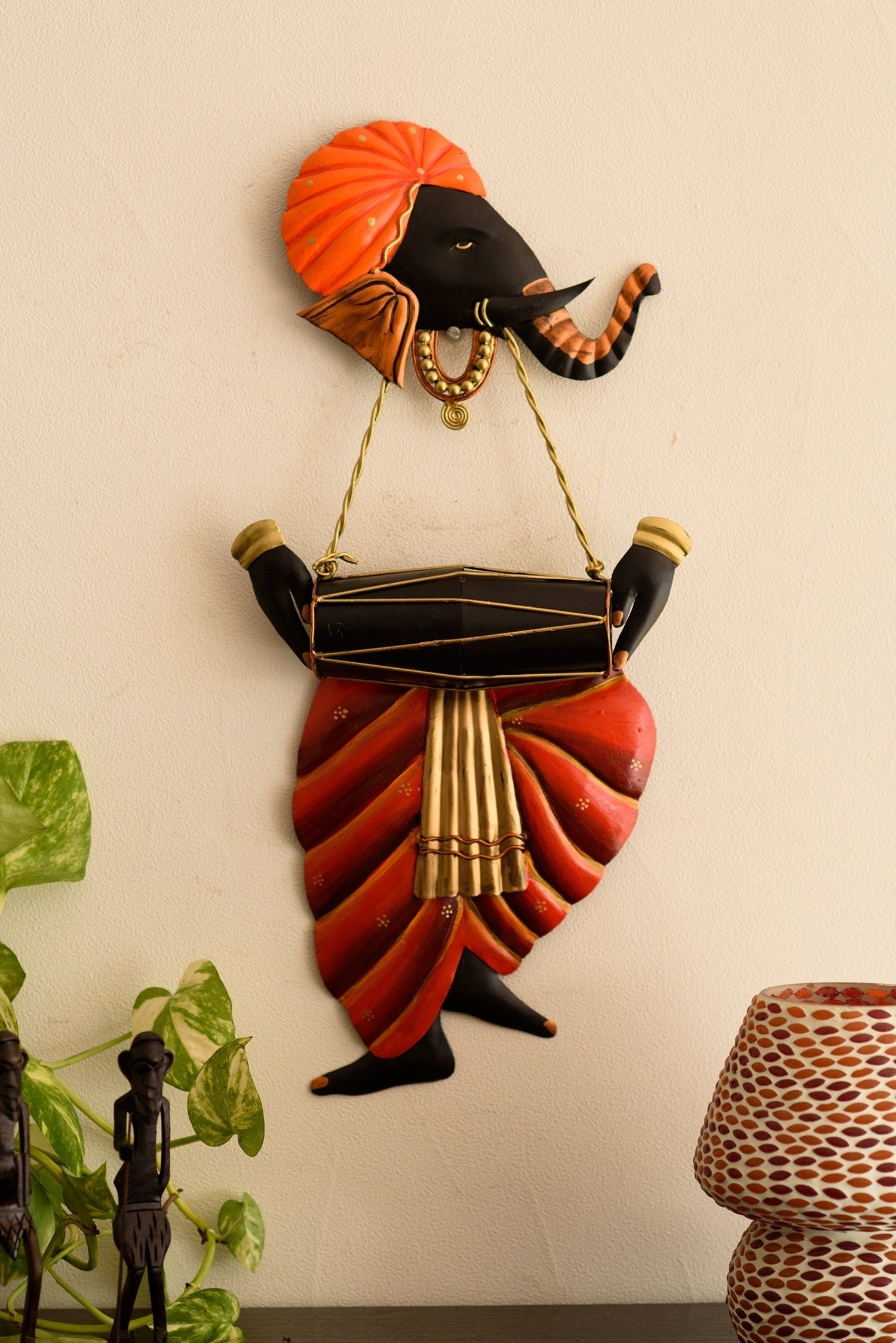 Orange and Black Wrought Iron Lord Ganesha Playing Dholak Wall Hanging 3