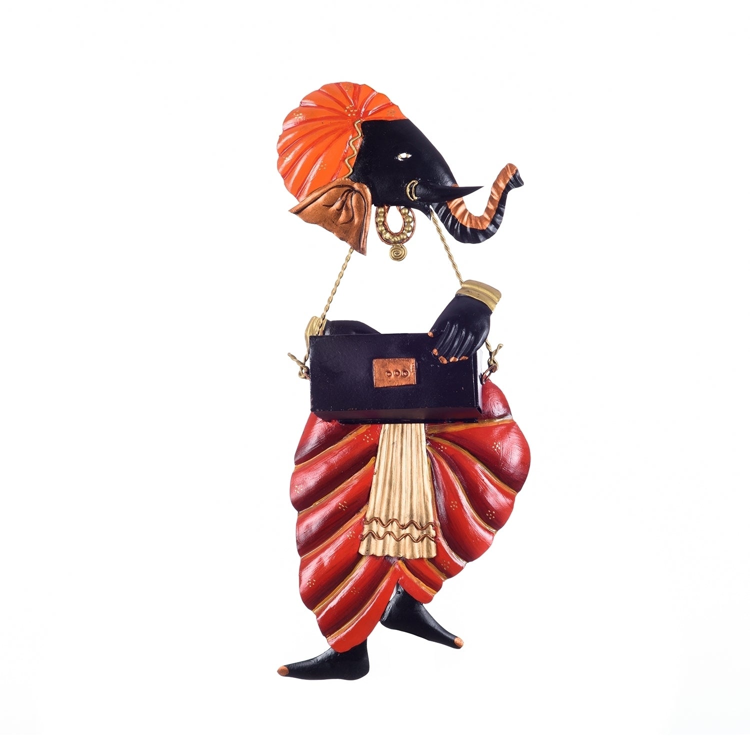 Orange and Black Wrought Iron Lord Ganesha playing Harmonium Wall Hanging 1