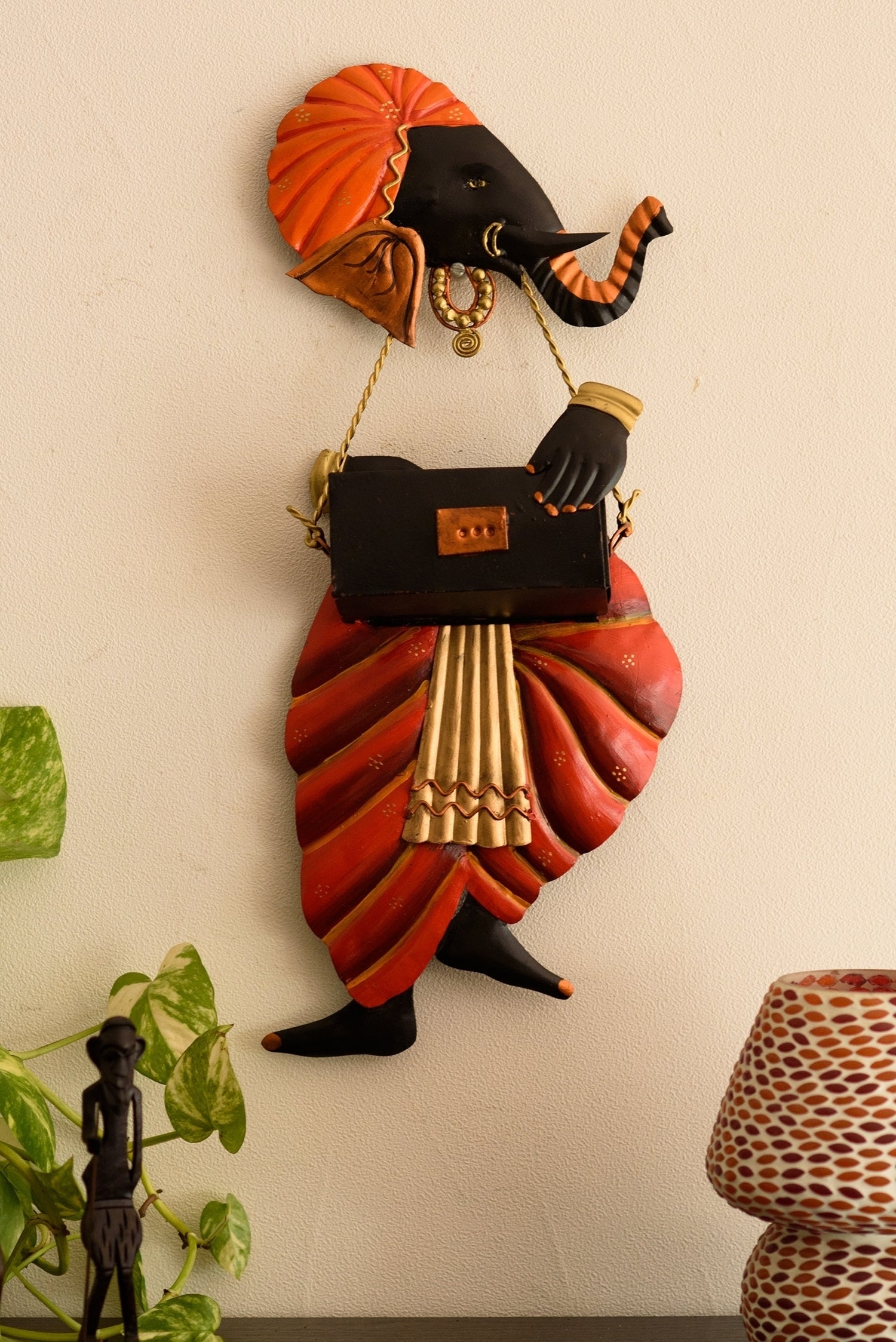 Orange and Black Wrought Iron Lord Ganesha playing Harmonium Wall Hanging 3
