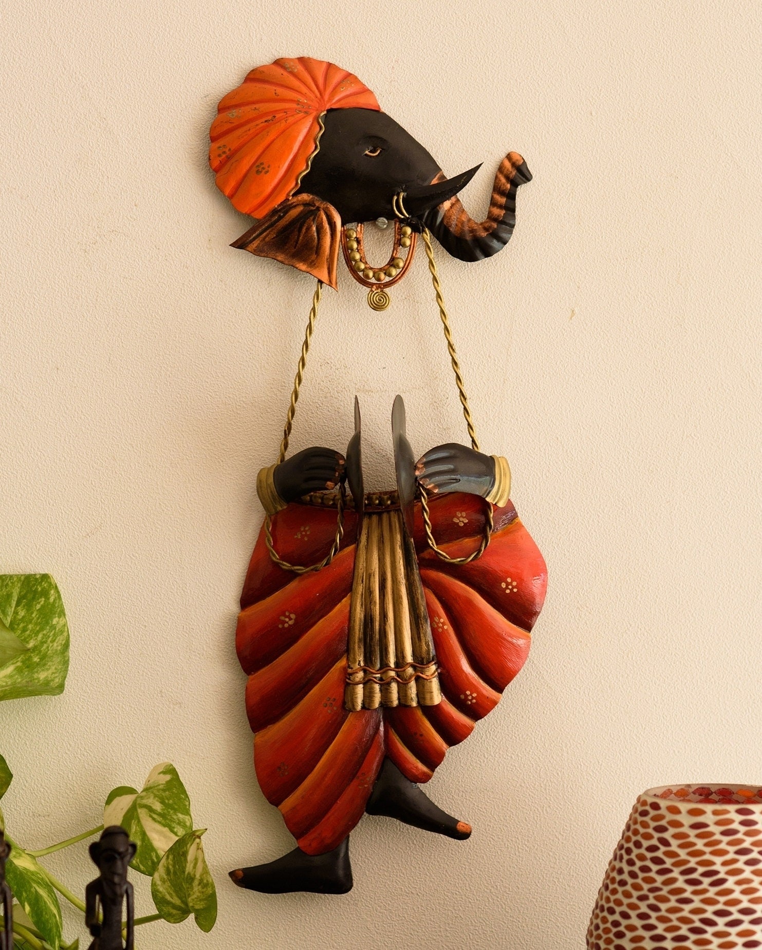 Orange and Black Wrought Iron Lord Ganesha playing Taal Wall Hanging