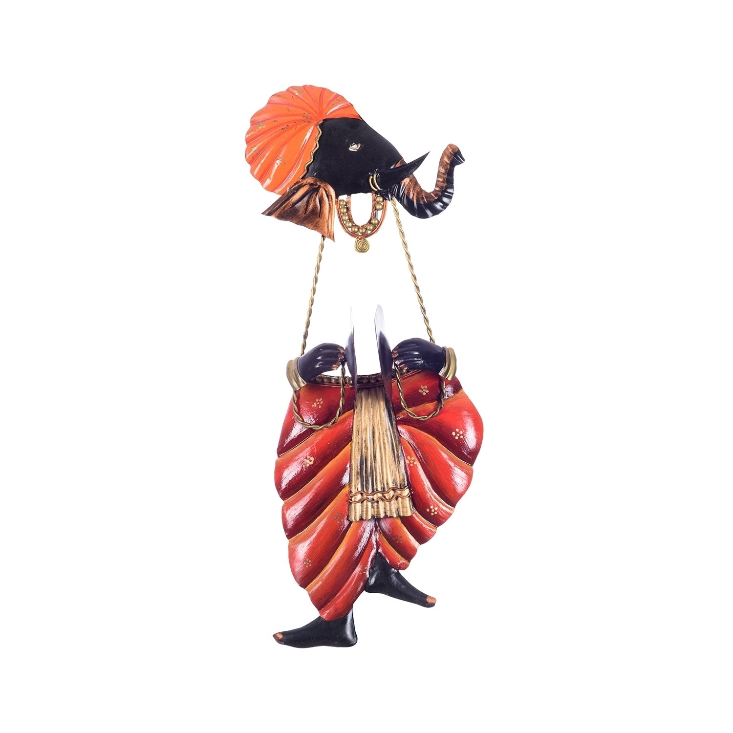 Orange and Black Wrought Iron Lord Ganesha playing Taal Wall Hanging 1